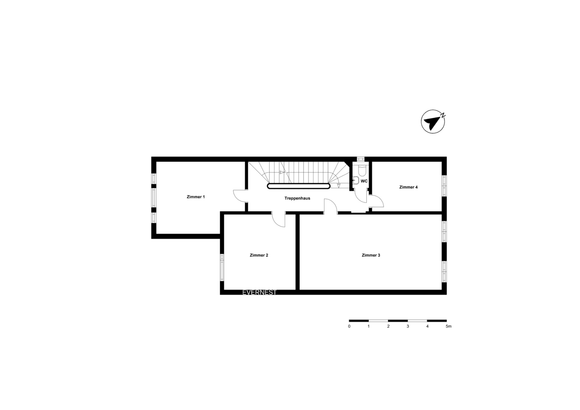 Grundriss mit vier Zimmern, Treppenhaus und WC, alle Räume sind beschriftet.