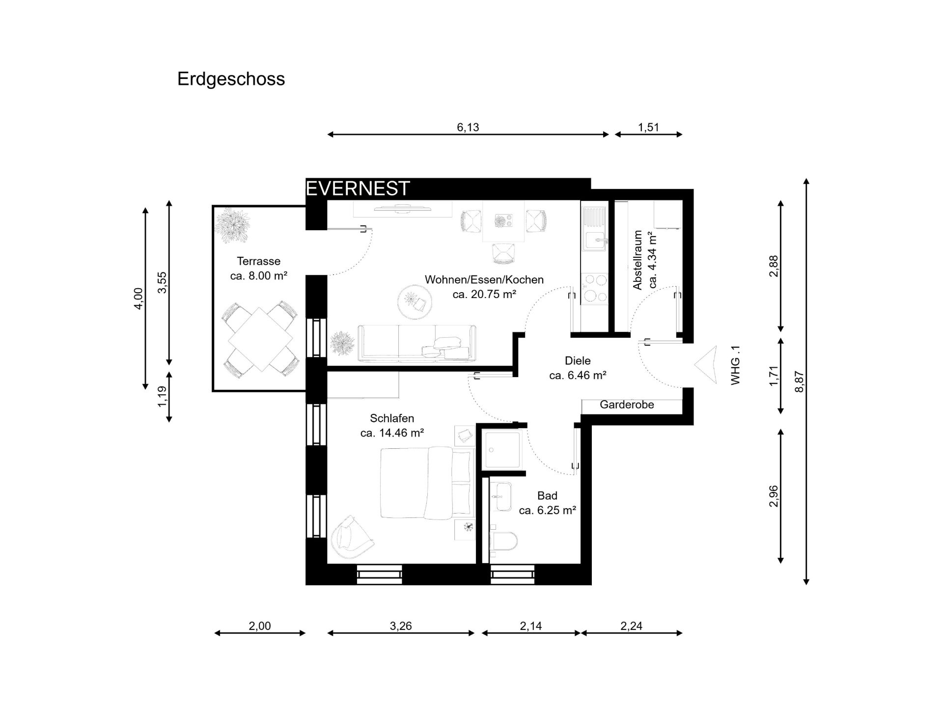 Grundriss einer Wohnung mit Schlafzimmer, Bad, Wohnküche, Abstellraum und Terrasse.