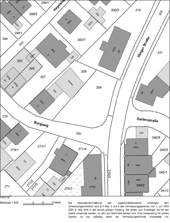 Schwarz-weißer Lageplan einer Wohngegend mit Gebäuden, Grundstücksgrenzen und Straßennamen.
