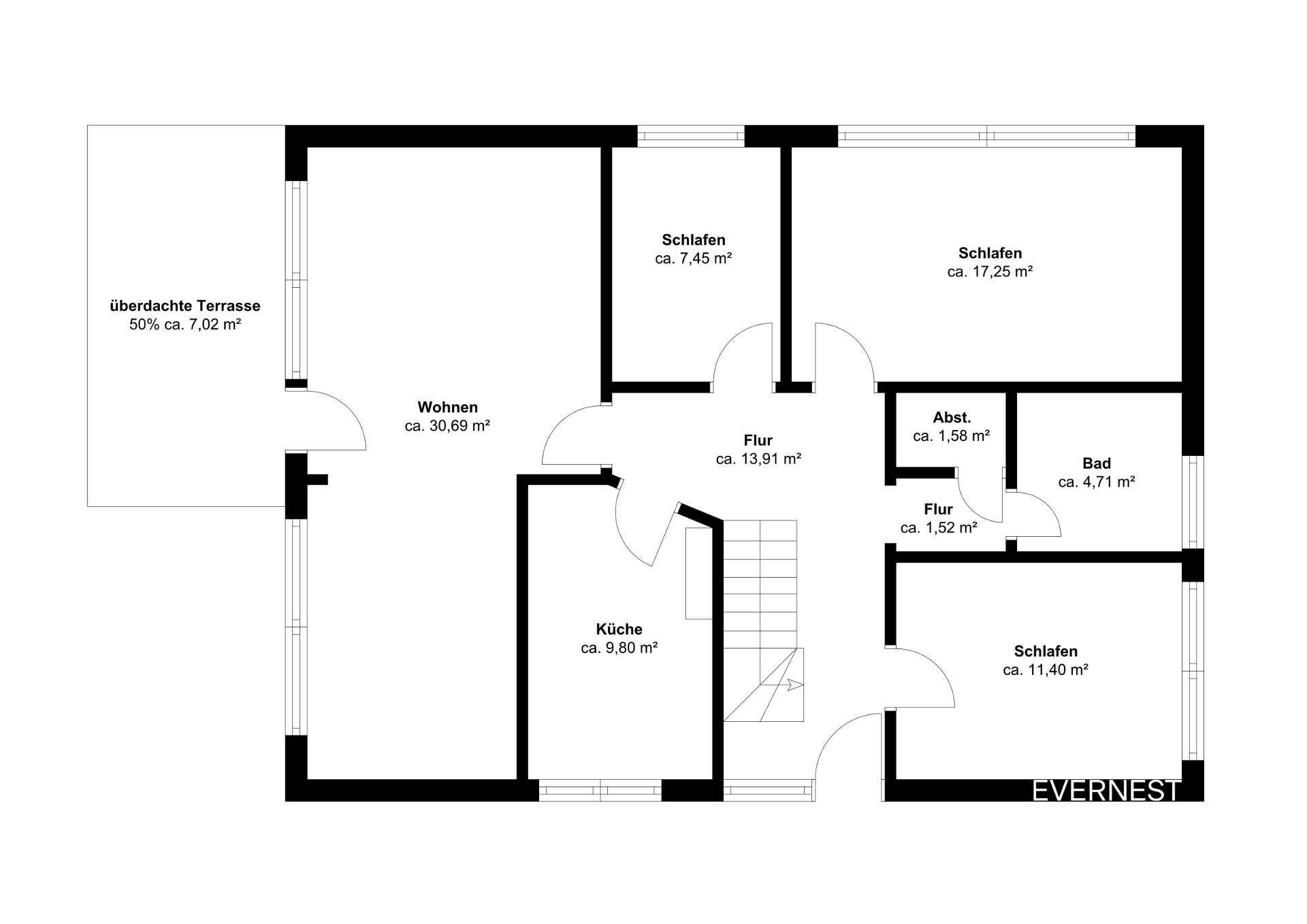 Grundriss einer Wohnung mit drei Schlafzimmern, Wohnzimmer, Küche, Bad und überdachter Terrasse.