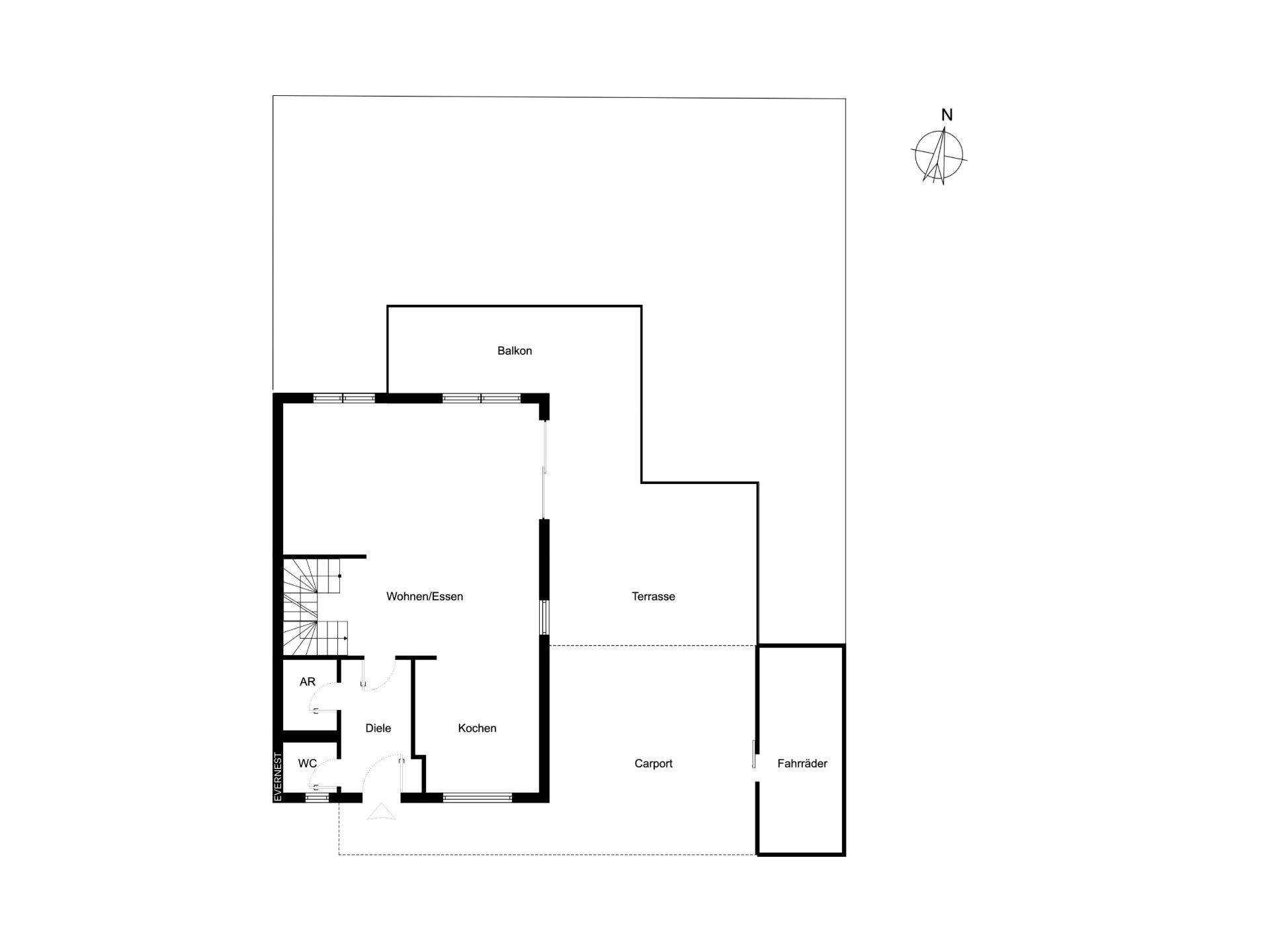 Grundriss eines Hauses mit Wohn-Essbereich, Küche, WC, Abstellraum, Carport und Terrasse.