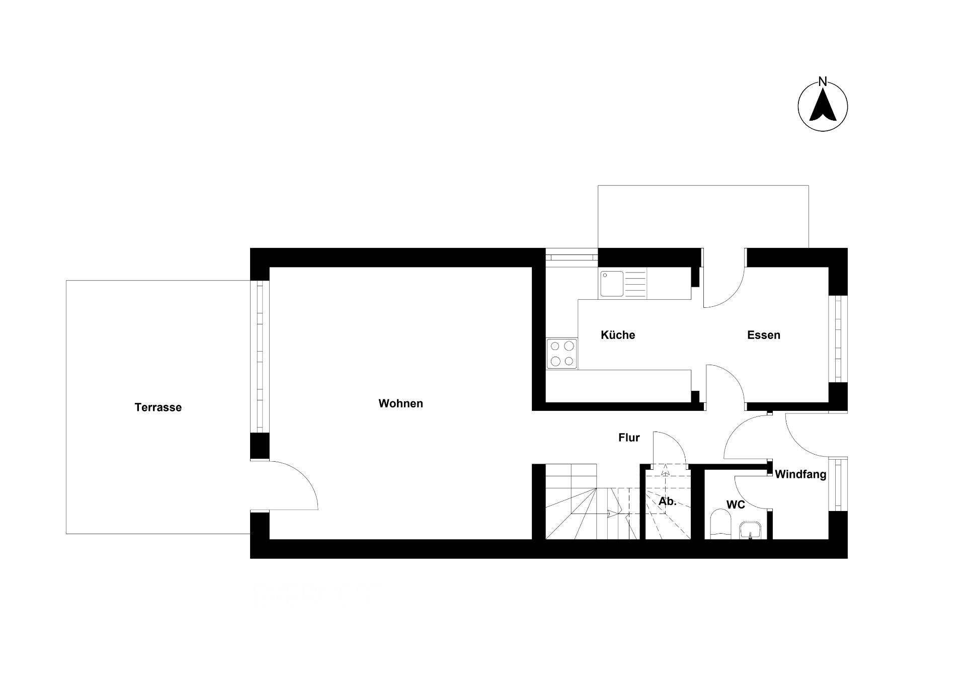 Grundriss mit Wohnzimmer, Küche, Essbereich, WC, Flur, Abstellraum und Terrasse.