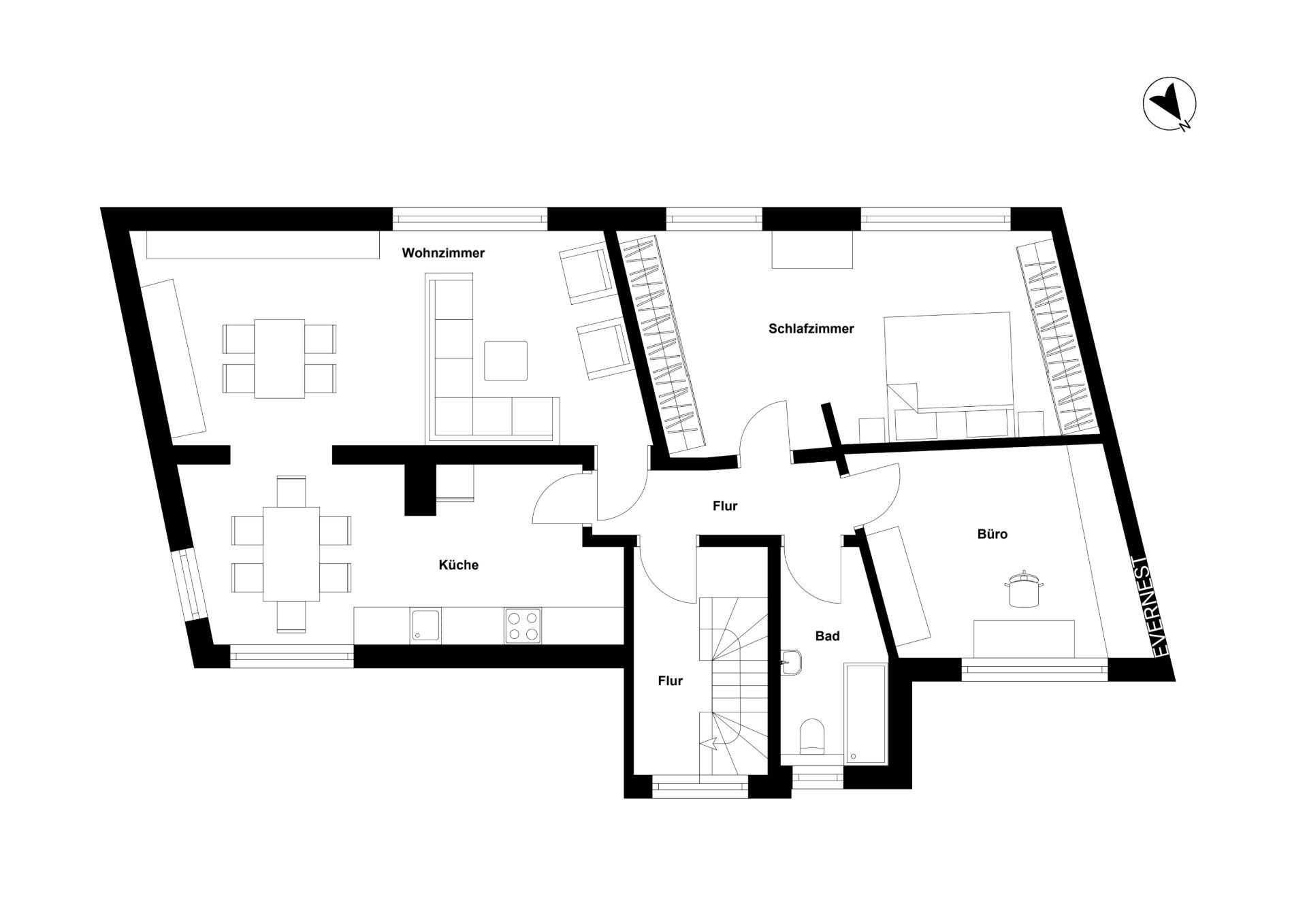 Grundriss einer Wohnung mit Wohnzimmer, Küche, Schlafzimmer, Büro, Bad und Flur.