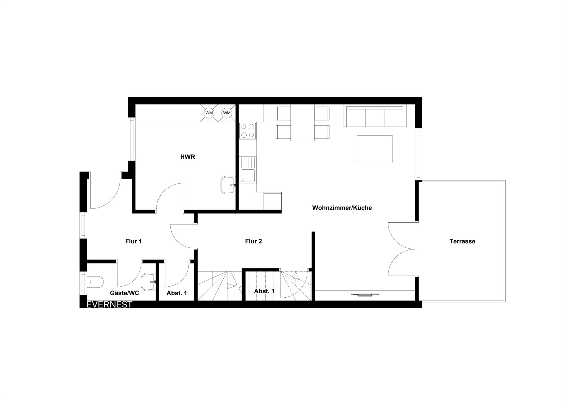 Grundriss einer Wohnung mit Wohnzimmer/Küche, Gäste-WC, Abstellräumen, HWR, Fluren und Terrasse.