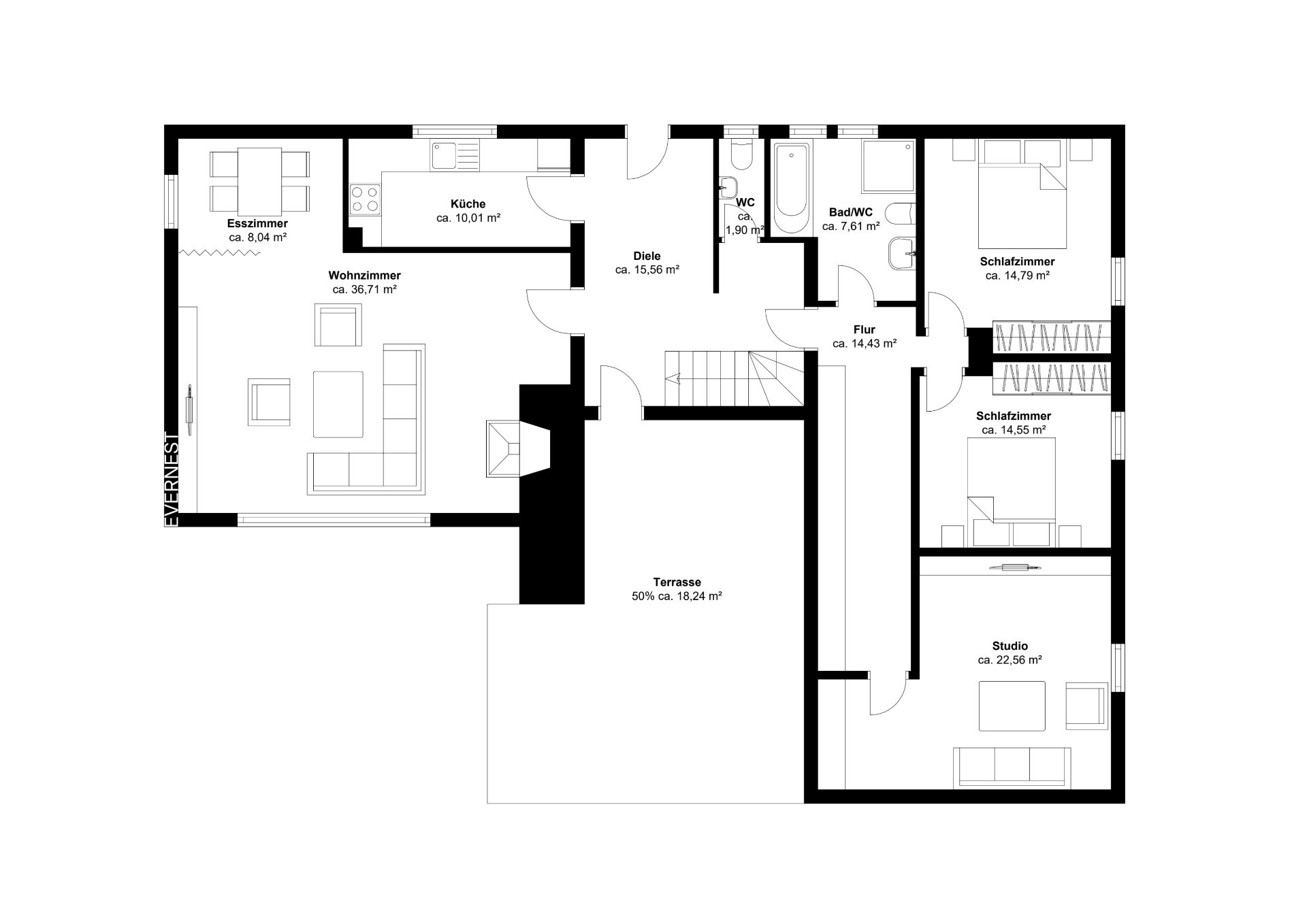 Grundriss einer Wohnung mit Wohnzimmer, Küche, Schlafzimmern, Bad und Terrasse.