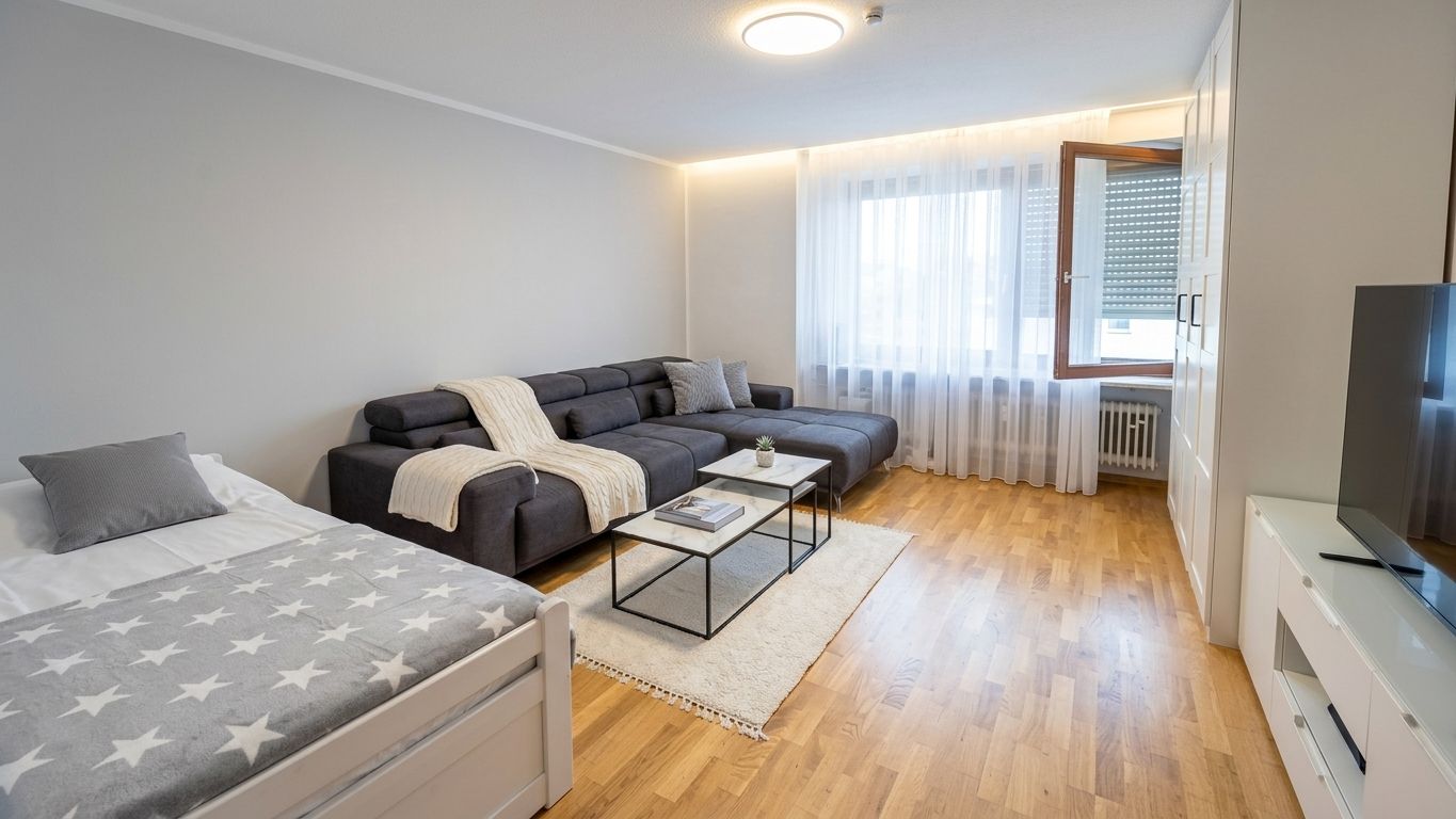 Helles Wohnzimmer mit Sofa, Bett, TV, Fenster, Holzboden und Couchtisch.