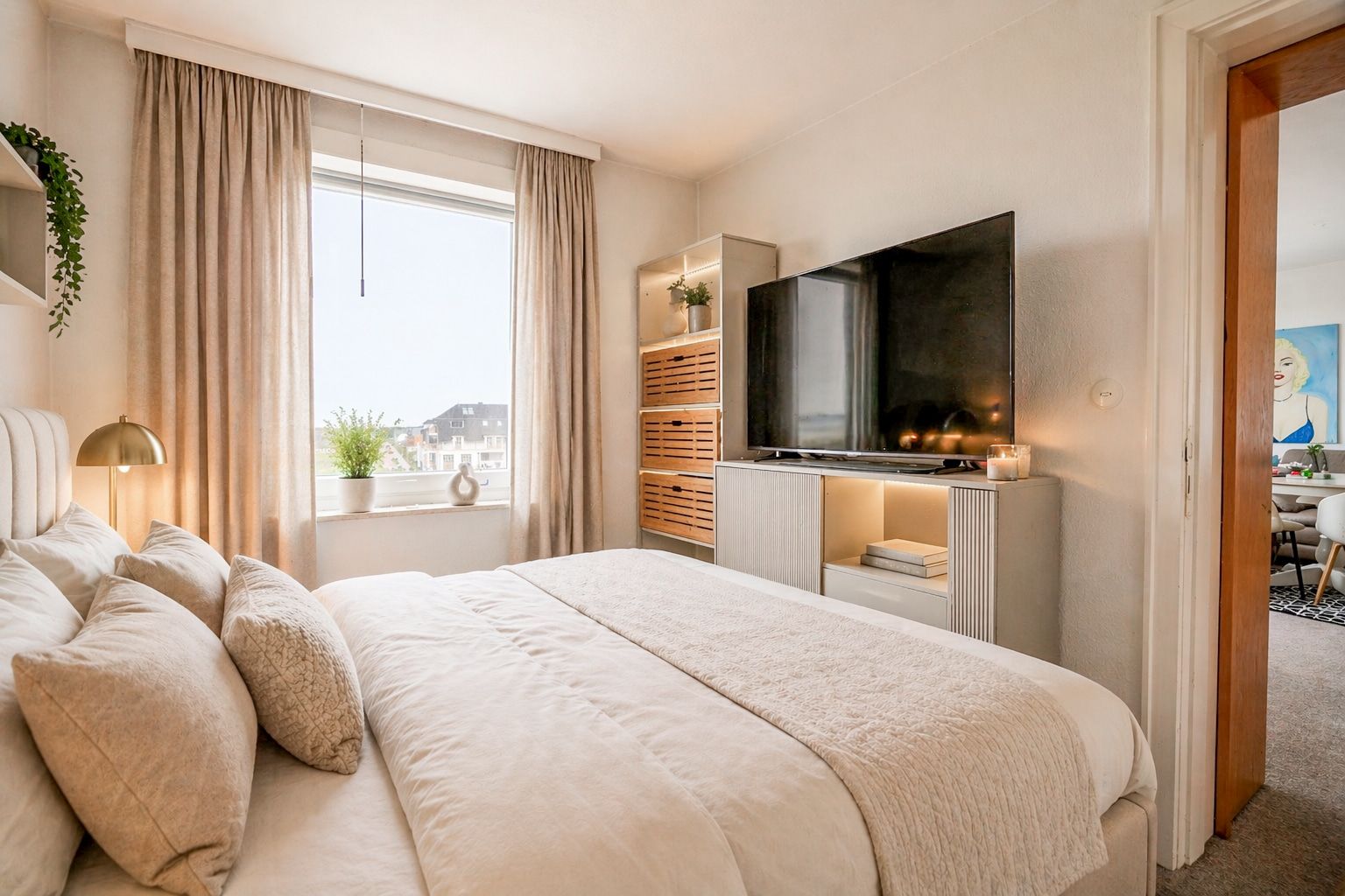Helles Schlafzimmer mit Doppelbett, Fernseher, Fenster und Vorhängen.