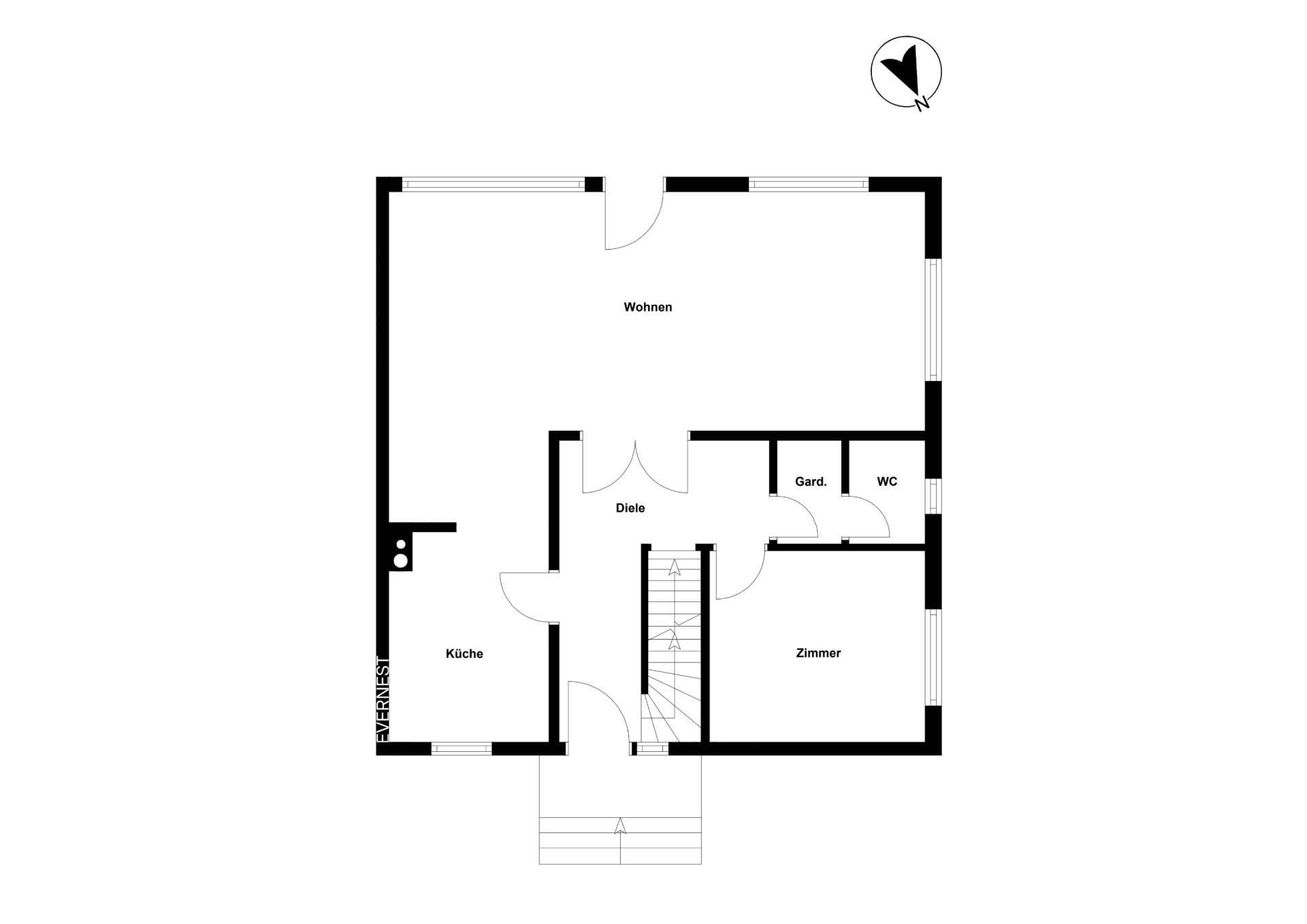 Grundriss eines Hauses mit Wohnzimmer, Küche, Zimmer, Diele, Garderobe und WC.
