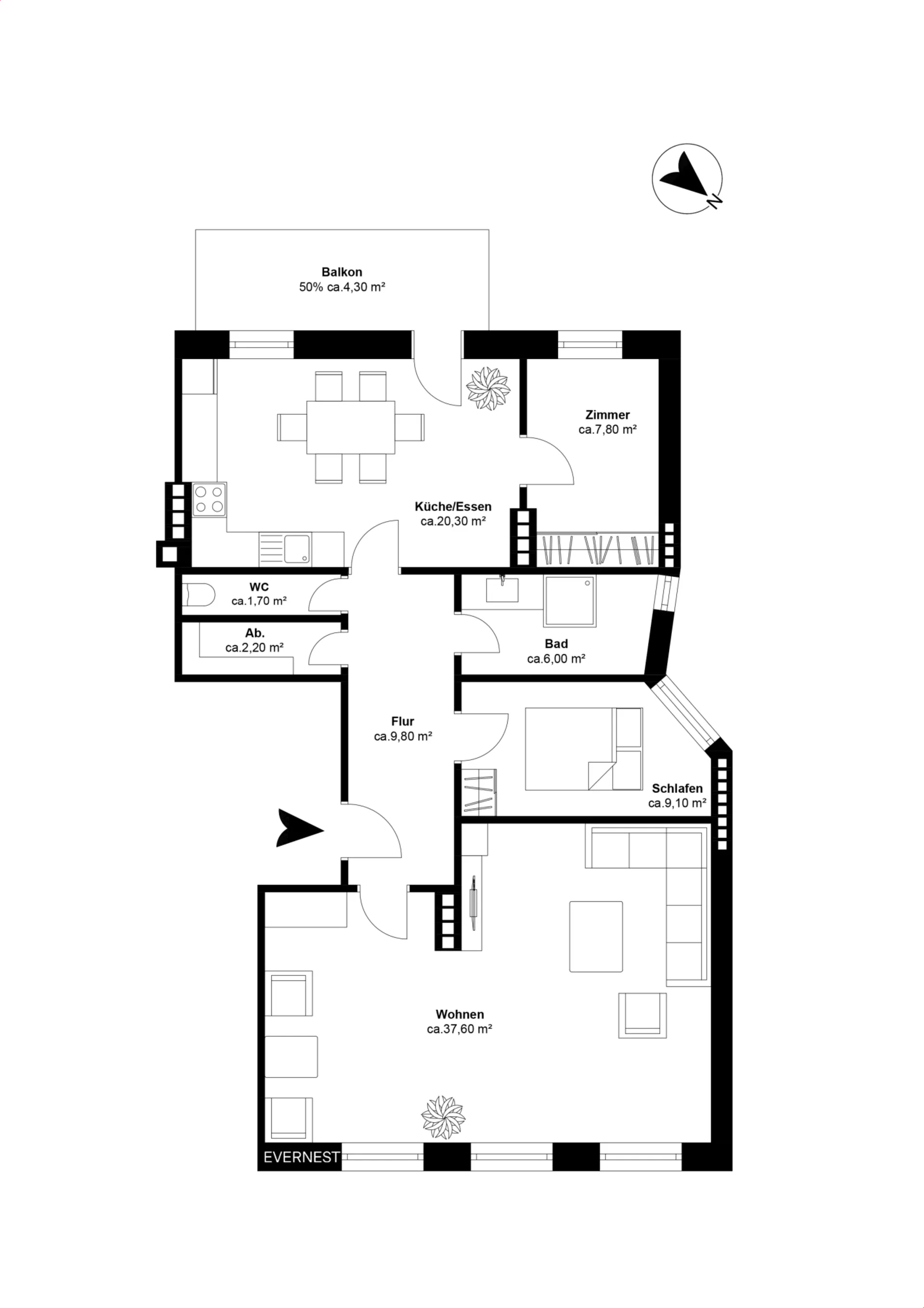 Grundriss einer Wohnung mit Wohnzimmer, Schlafzimmer, Bad, Küche, Balkon und Flur.