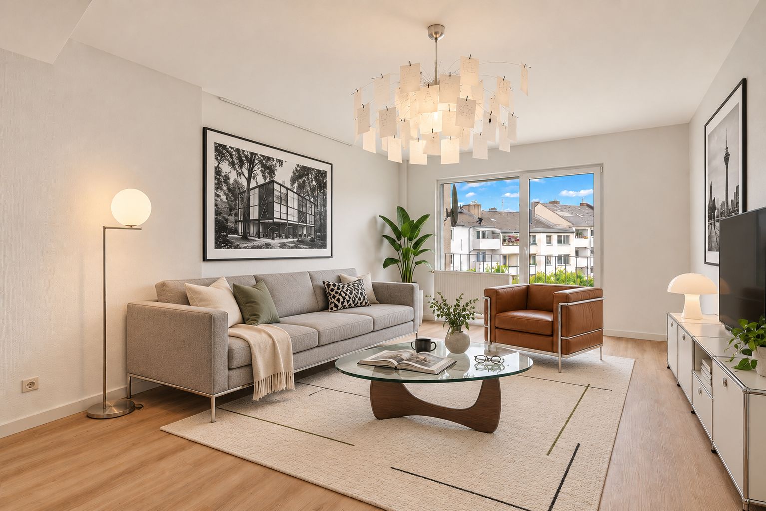Modernes Wohnzimmer mit grauem Sofa, Glas-Couchtisch, braunem Sessel und großem Fenster.