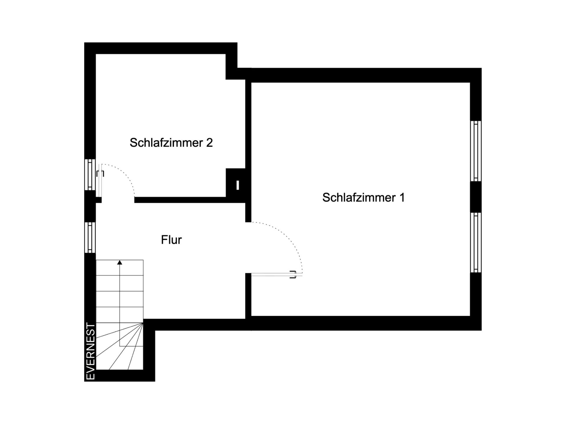 Grundriss mit zwei Schlafzimmern und Flur, Treppe links unten.