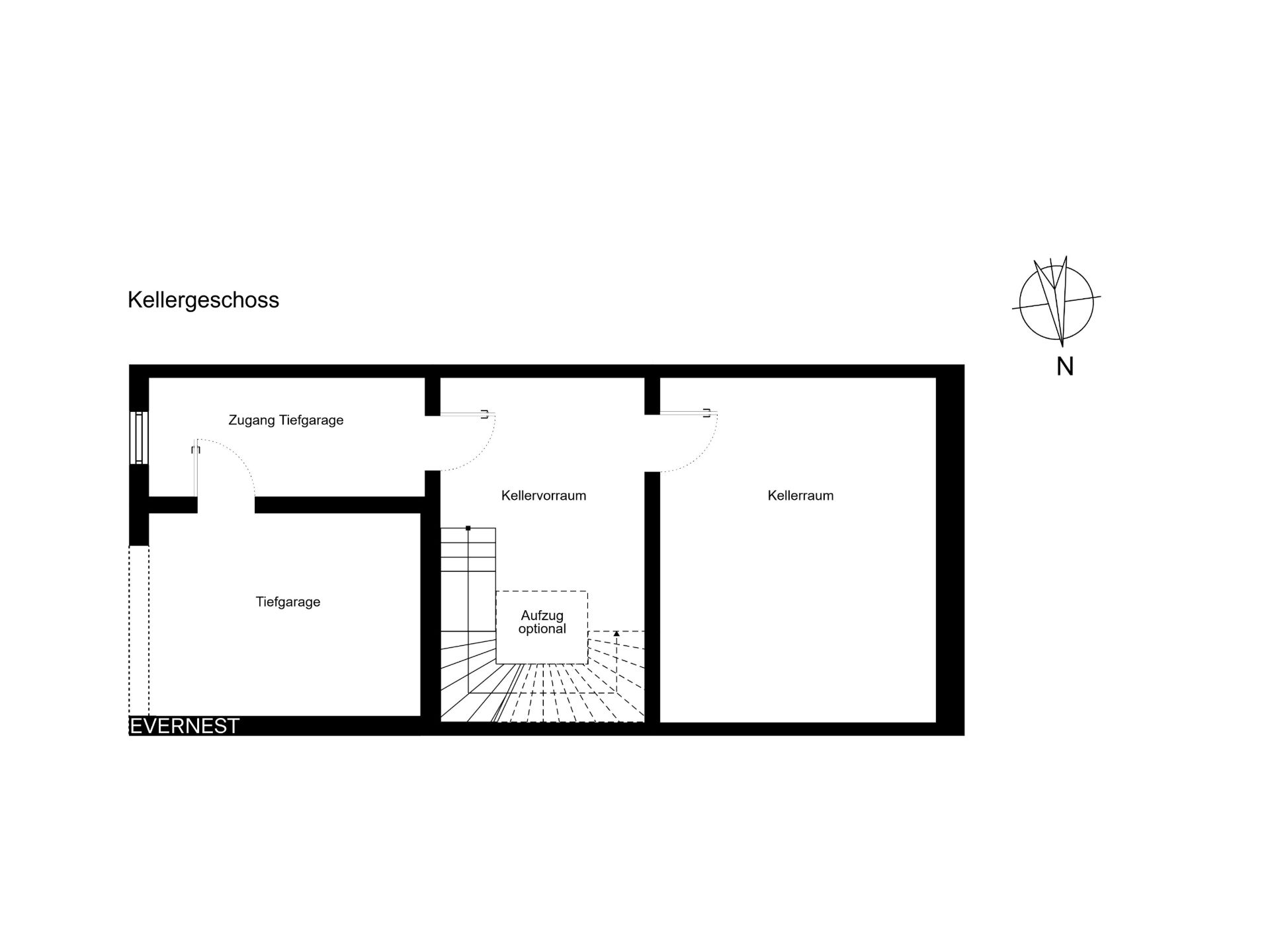 Grundriss des Kellergeschosses mit Tiefgarage, Kellervorraum und Kellerraum.