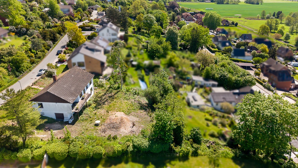 Luftaufnahme eines Wohnhauses mit Garten und umliegenden Bäumen in einer grünen Nachbarschaft.