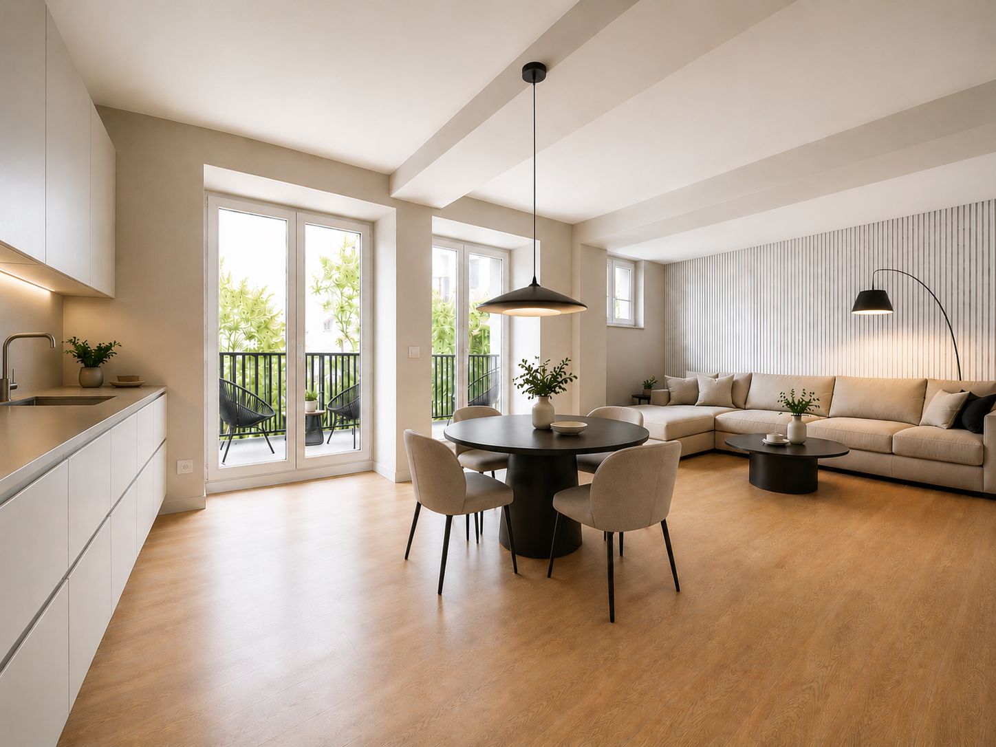 Helle Wohnküche mit Esstisch, Sofa, Küchenzeile und Balkontür.