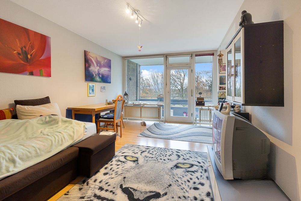 Wohnzimmer mit Bett, Schreibtisch, Fernseher und großem Teppich mit Leopardenmotiv.