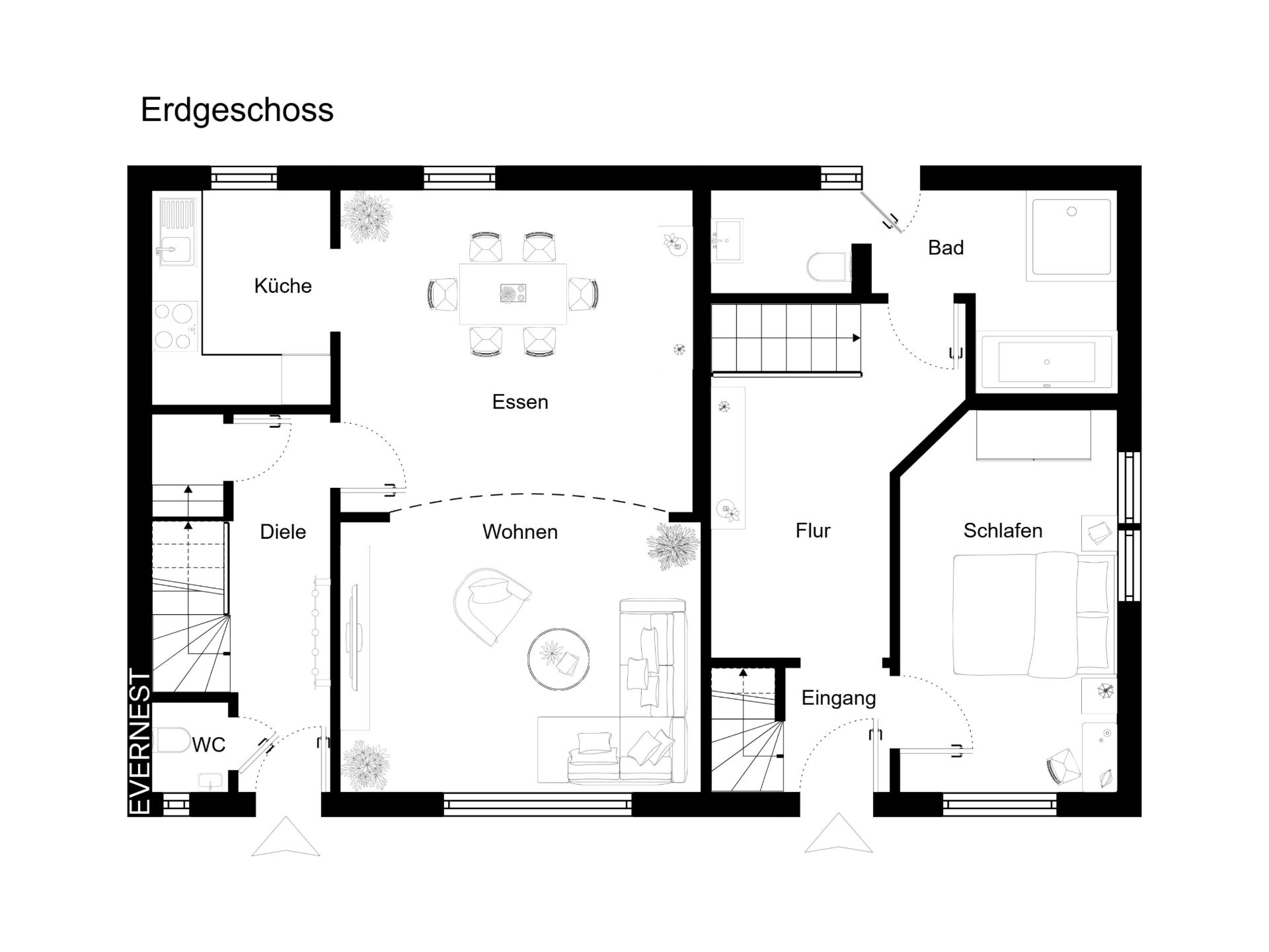 Grundriss des Erdgeschosses mit Küche, Esszimmer, Wohnzimmer, Bad, Schlafzimmer und WC.