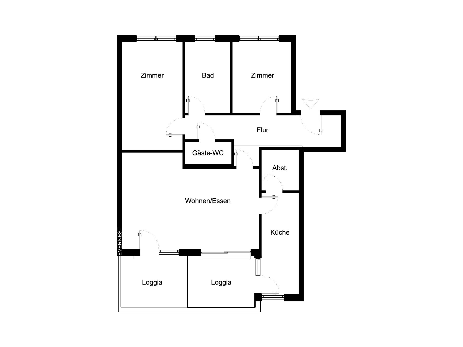 Grundriss einer Wohnung mit zwei Zimmern, Bad, Gäste-WC, Küche, Wohnzimmer und zwei Loggien.