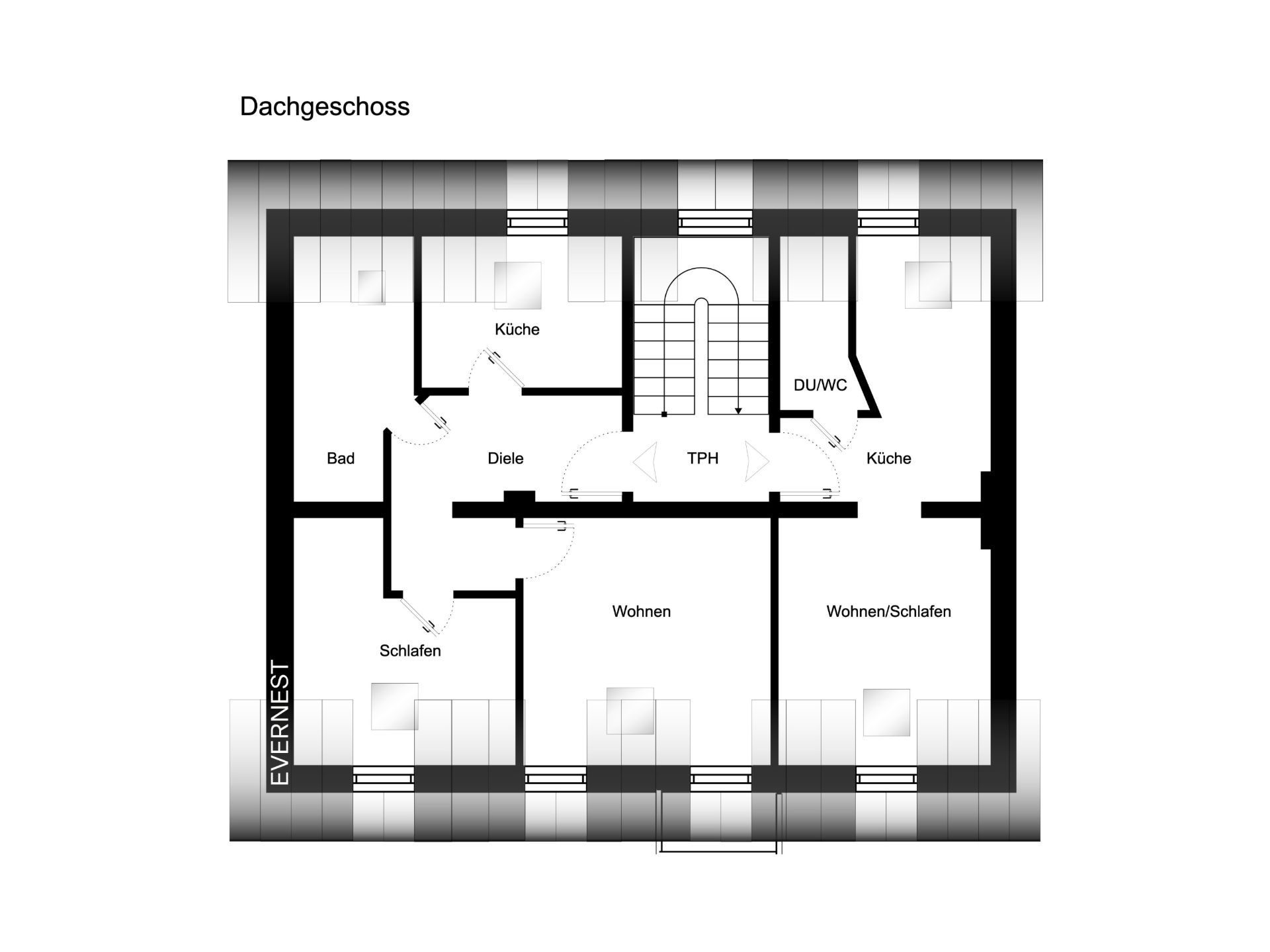 Grundriss des Dachgeschosses mit mehreren Zimmern, Küchen, Bad und Treppenhaus.