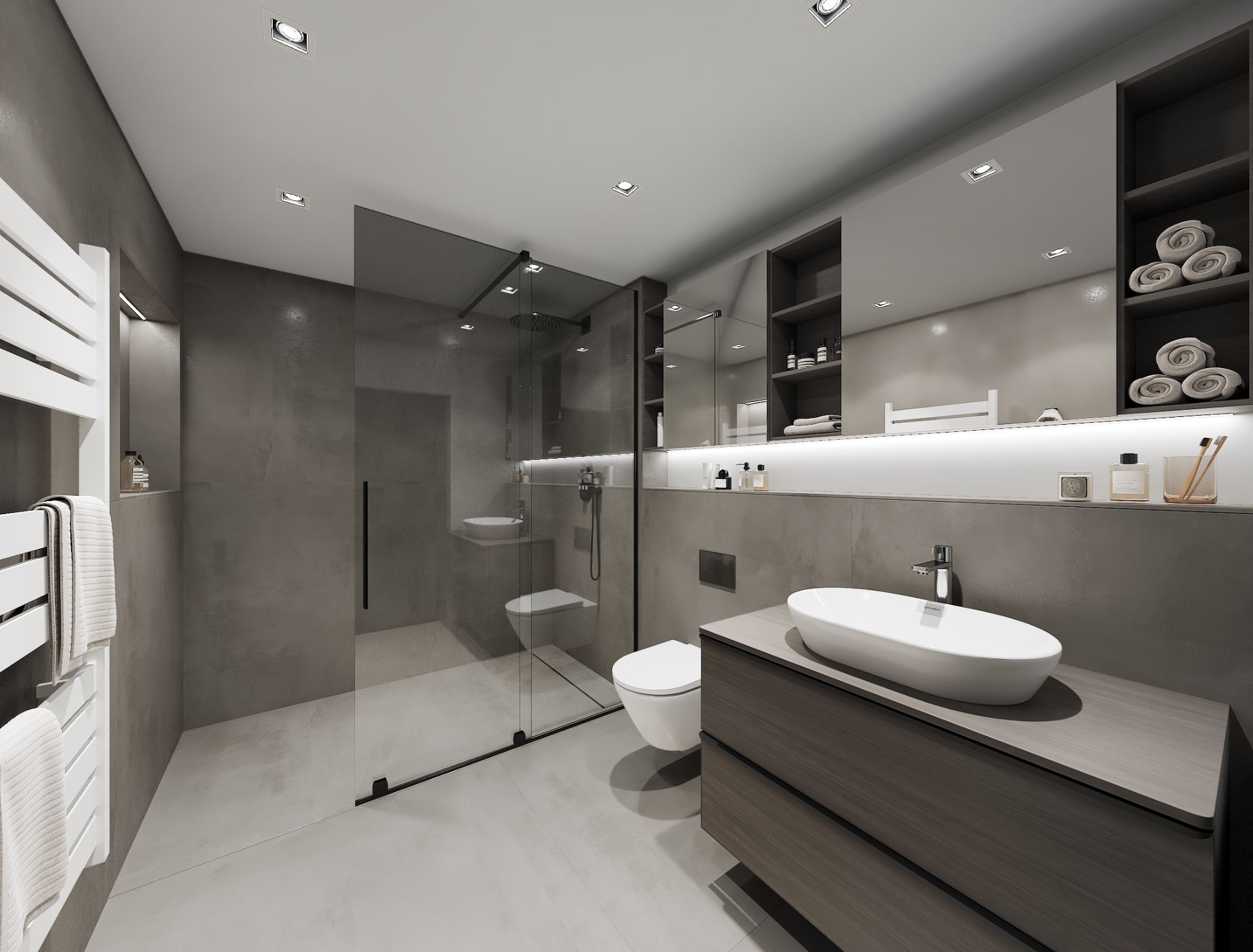 Modernes Badezimmer mit großer Dusche, Waschbecken, Wandtoilette und offenen Regalen mit Handtüchern.