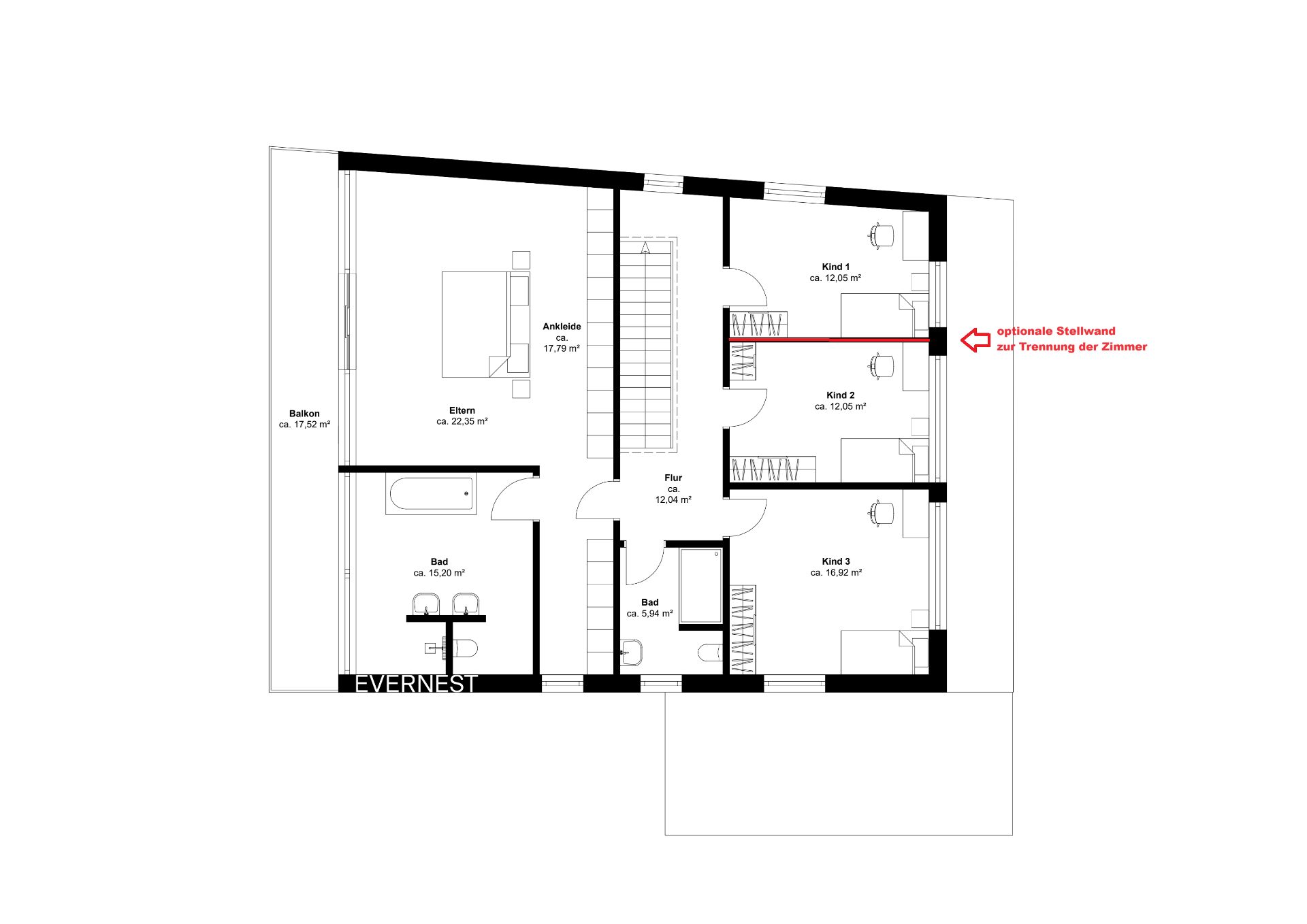 Grundriss mit Schlafzimmer, Ankleide, drei Kinderzimmern, zwei Bädern, Flur und Balkon.
