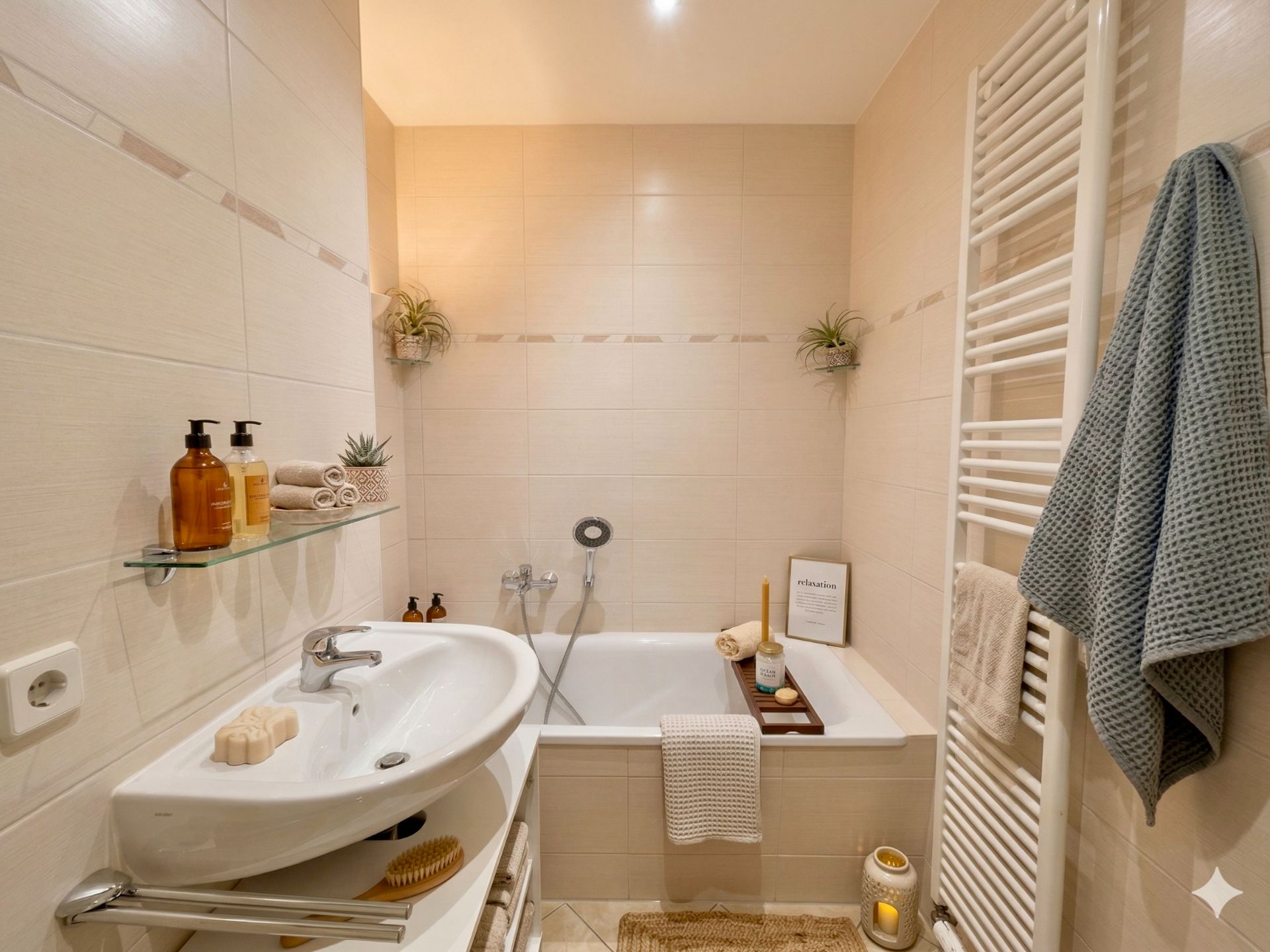 Modernes Badezimmer mit Badewanne, Waschbecken, Handtuchheizkörper und dekorativen Accessoires.