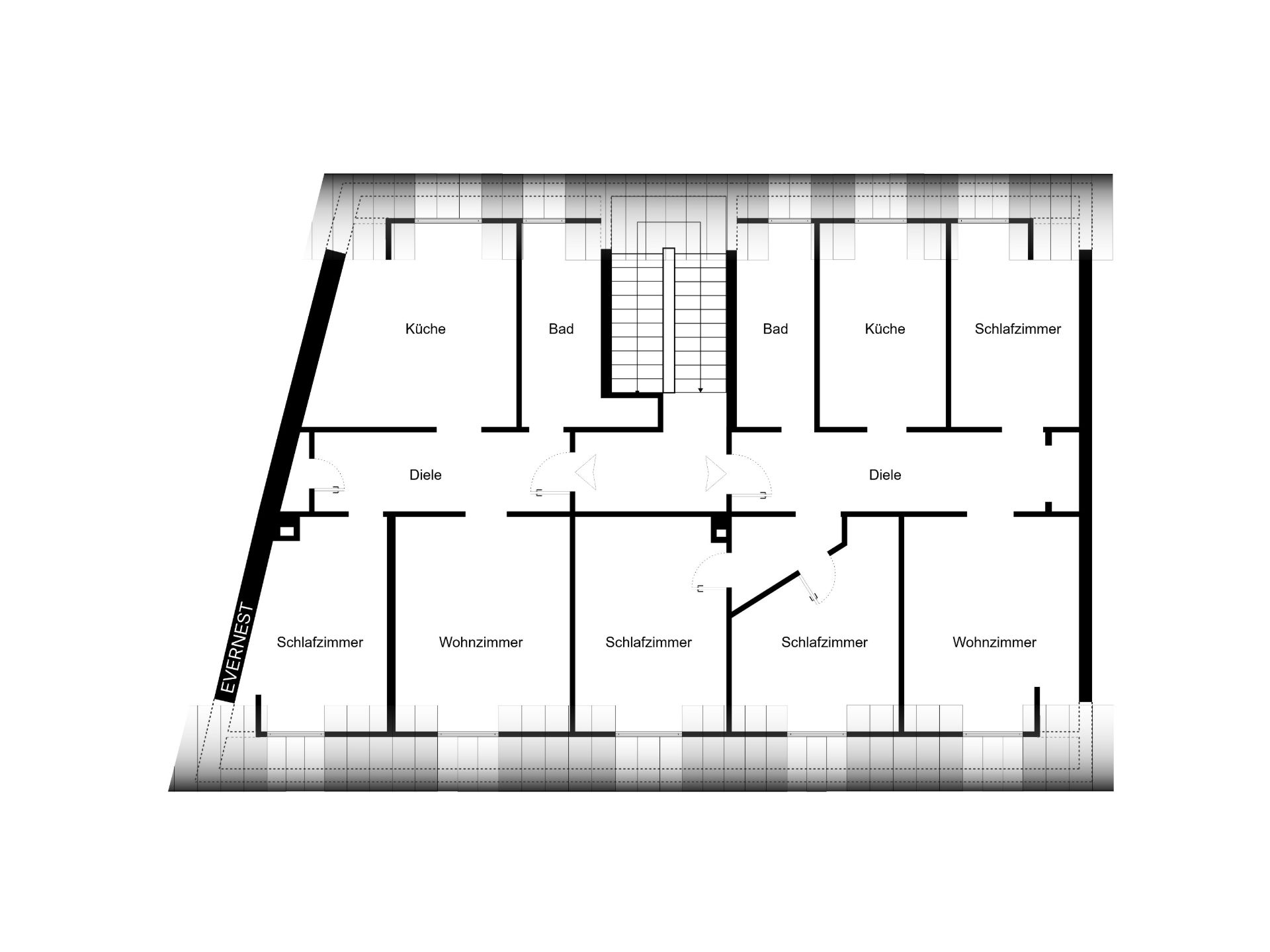 Grundriss mit Wohnzimmern, Schlafzimmern, Küchen, Bädern und Flur, zentraler Treppenaufgang.