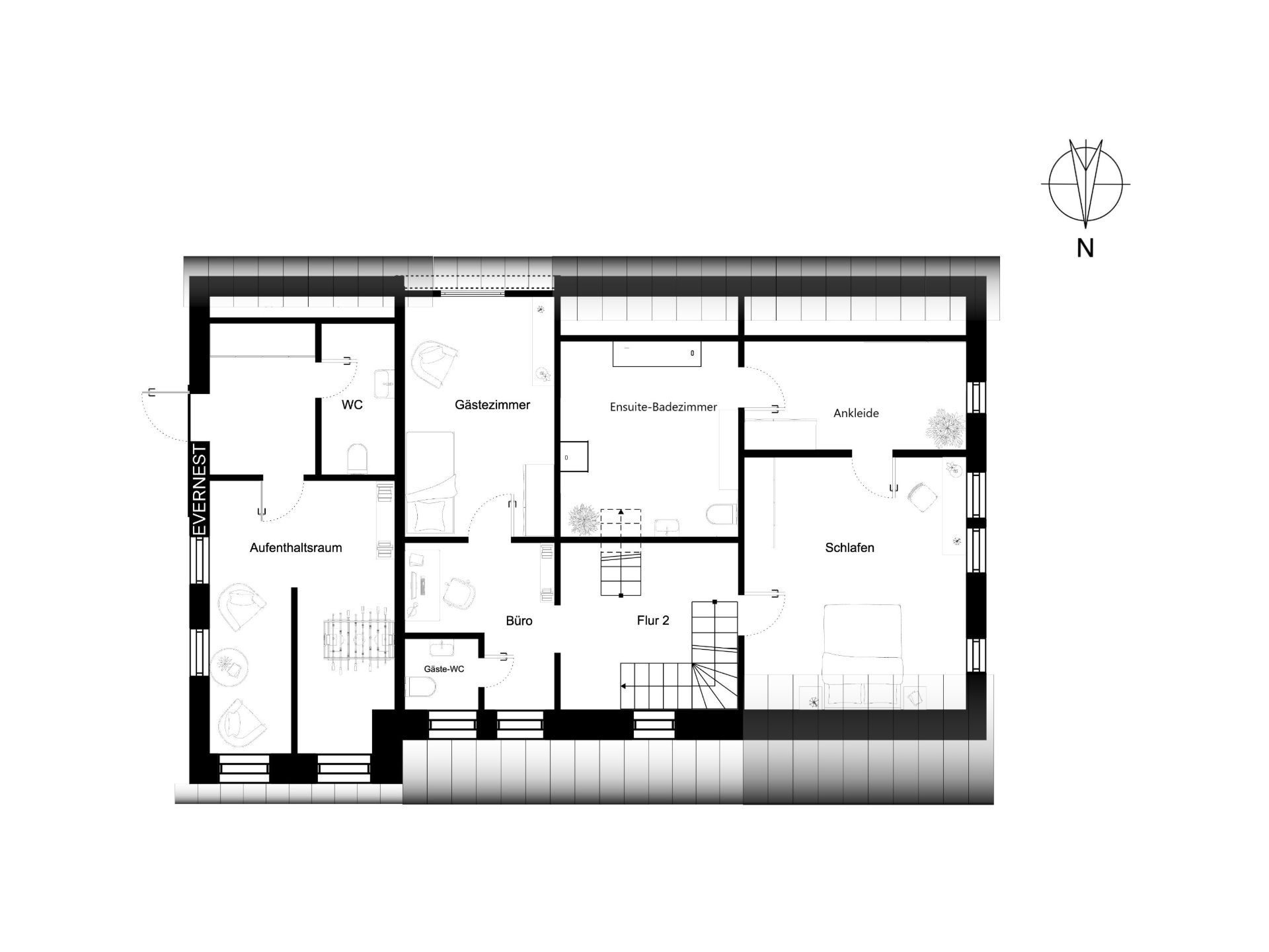 Grundriss einer Etage mit Schlafzimmer, Gästezimmer, Büro, Aufenthaltsraum und mehreren Bädern.