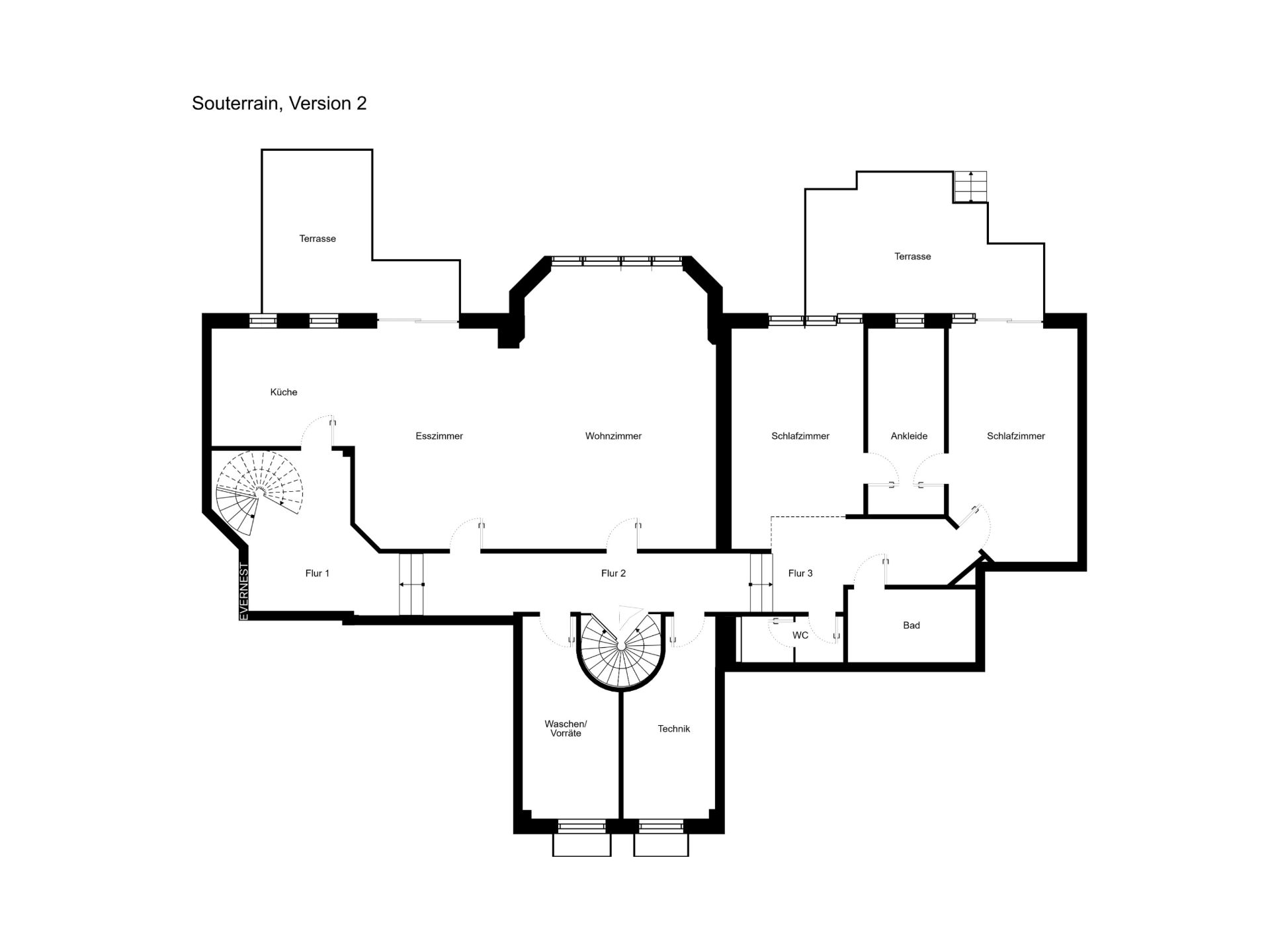 Grundriss eines Wohnhauses mit Küche, Wohnzimmer, Schlafzimmern und Terrasse.
