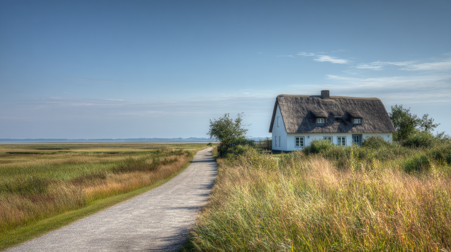 Mehrere bunte Holzhütten stehen nebeneinander an einem Weg mit Blick aufs Wasser.