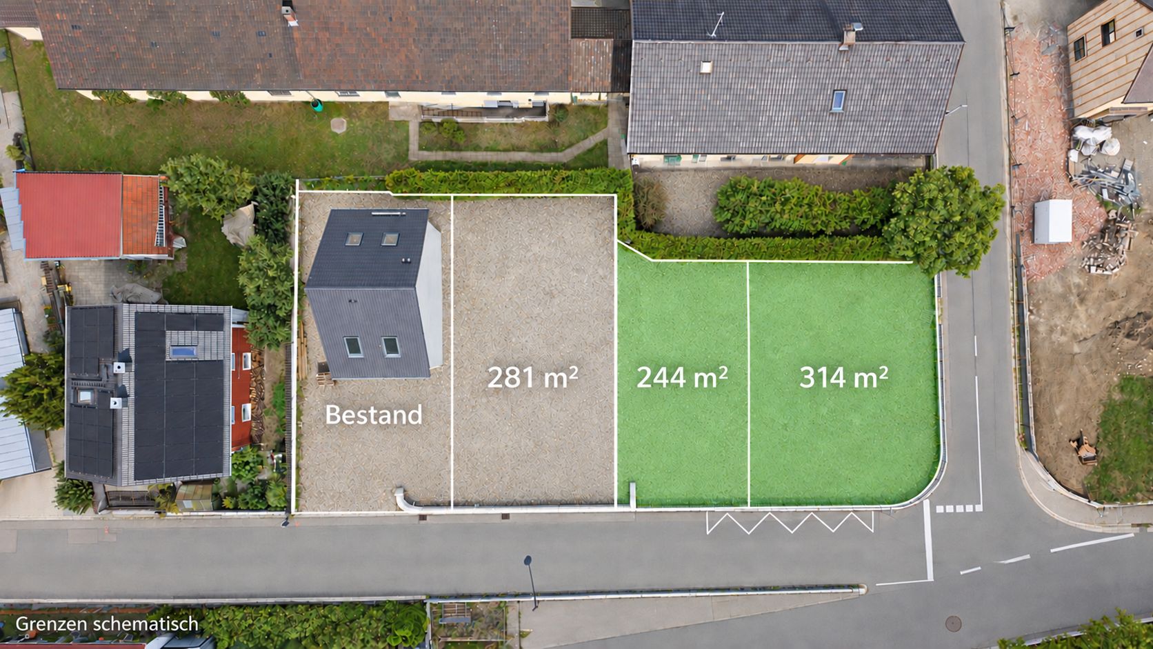 Luftaufnahme eines Grundstücks mit Haus und drei markierten Parzellen: 281 m², 244 m² und 314 m².