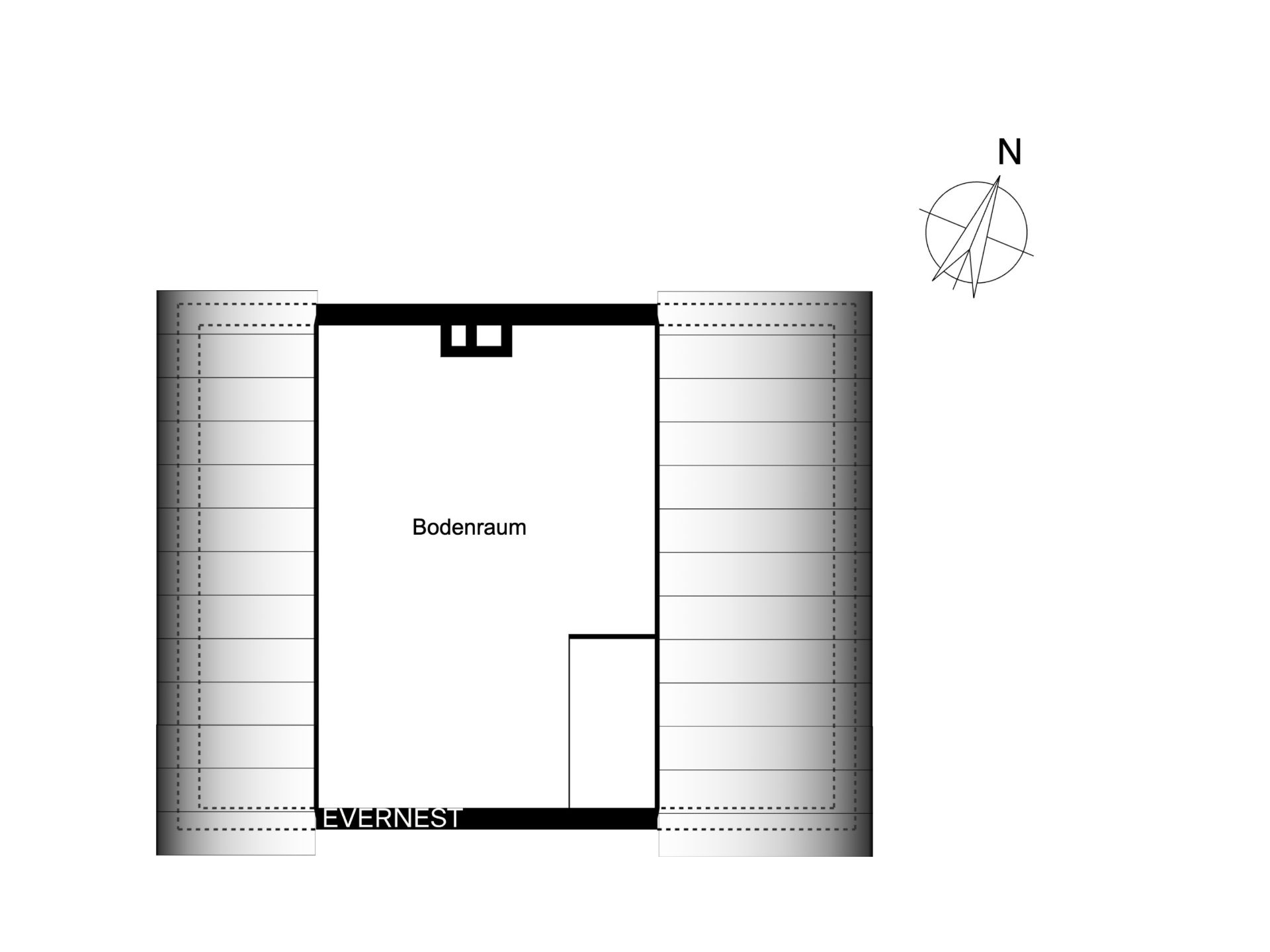 Grundriss mit einem Bodenraum und zwei schraffierten Flächen an den Seiten.