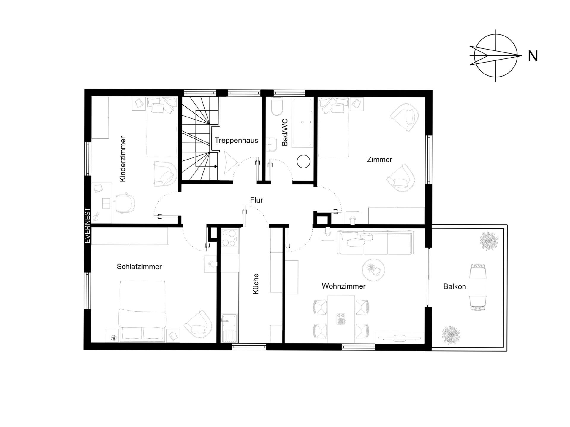 Grundriss einer Wohnung mit Schlafzimmer, Kinderzimmer, Wohnzimmer, Zimmer, Küche, Bad und Balkon.