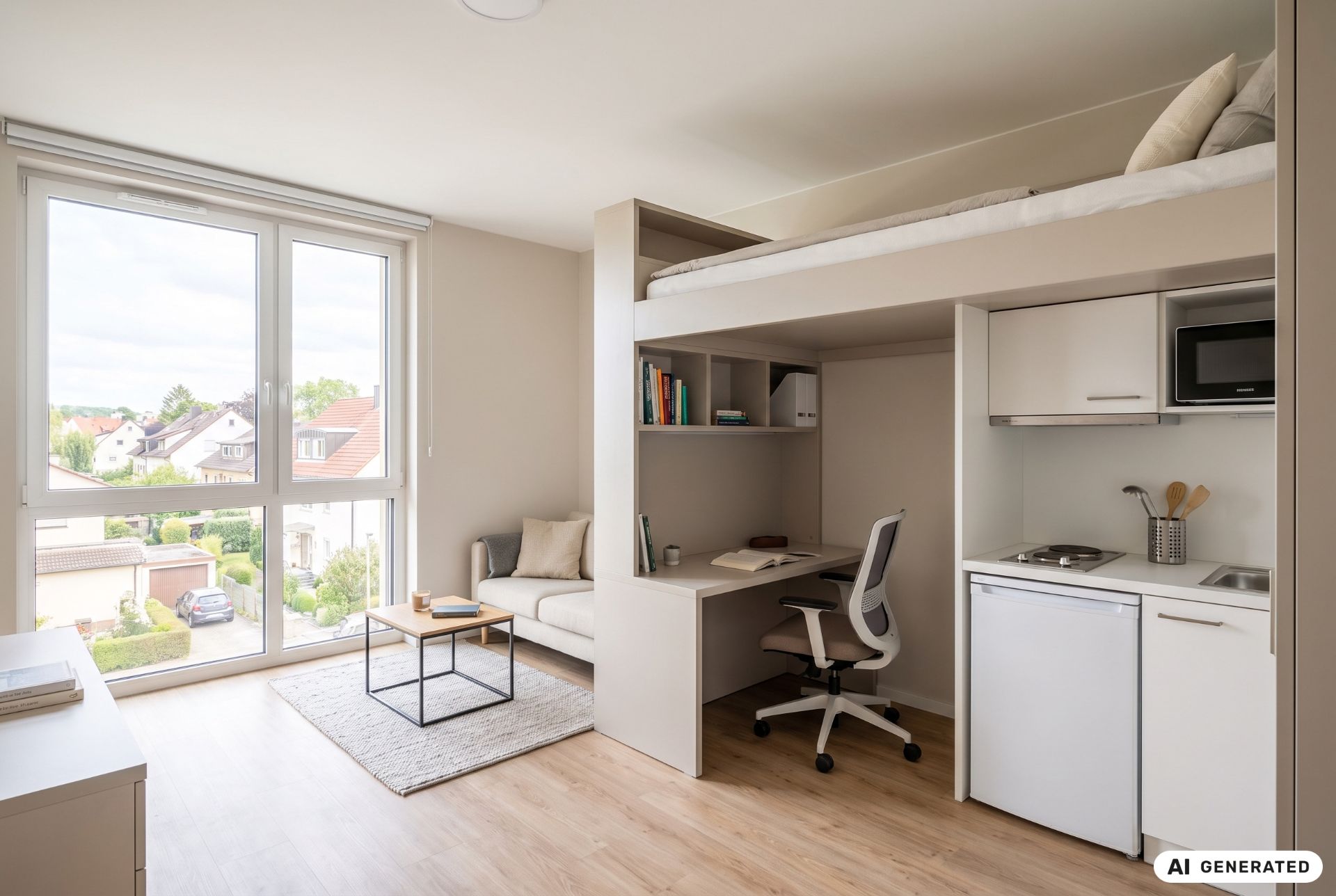 Modernes Apartment mit Hochbett, Schreibtisch, Sofa und Küchenzeile; großes Fenster mit Blick nach draußen.