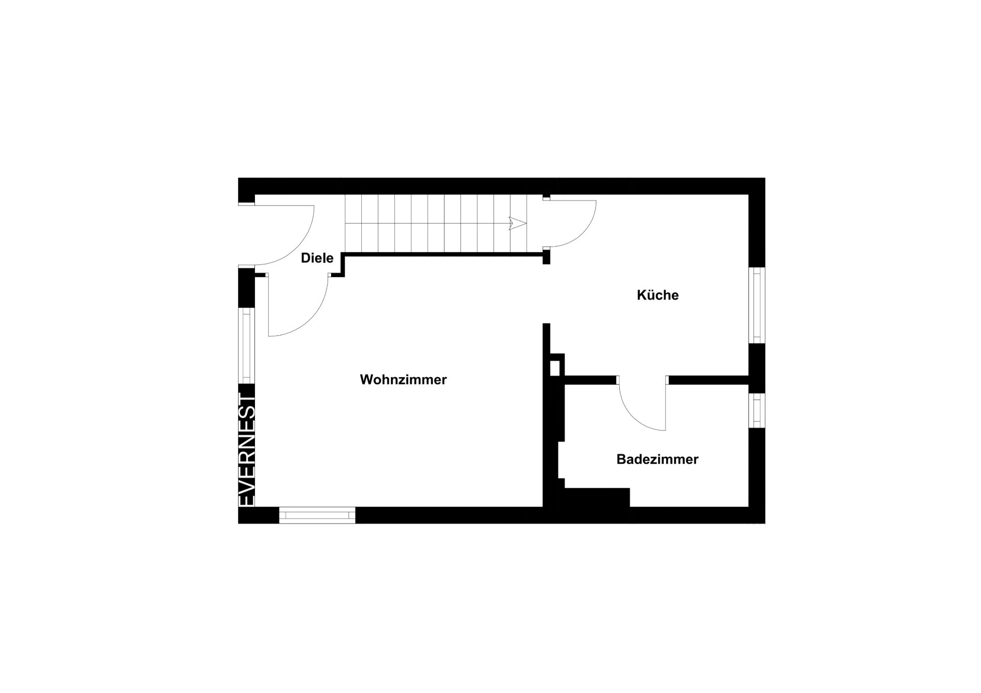 Grundriss mit Wohnzimmer, Diele, Küche und Badezimmer.
