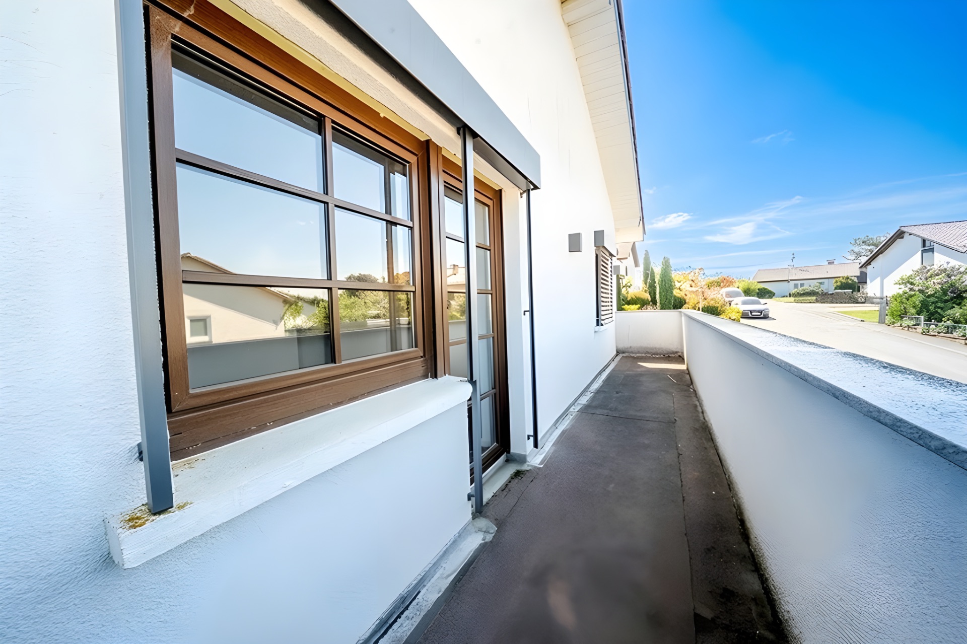 Schmaler Balkon mit braunen Fenstern an einem weißen Wohnhaus, Blick auf die Straße.