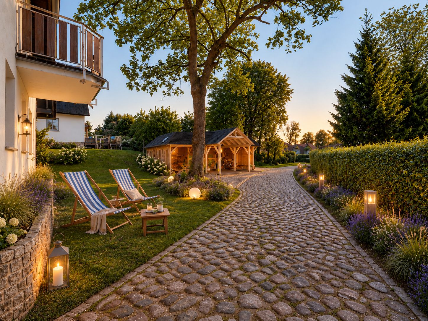 Gepflasterter Weg mit Liegestühlen, Gartenhäuschen und Gartenbeleuchtung bei Sonnenuntergang.