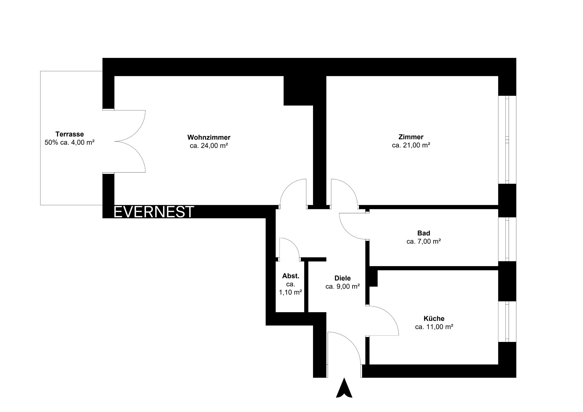 Grundriss einer Wohnung mit Wohnzimmer, Zimmer, Küche, Bad, Diele, Abstellraum und Terrasse.
