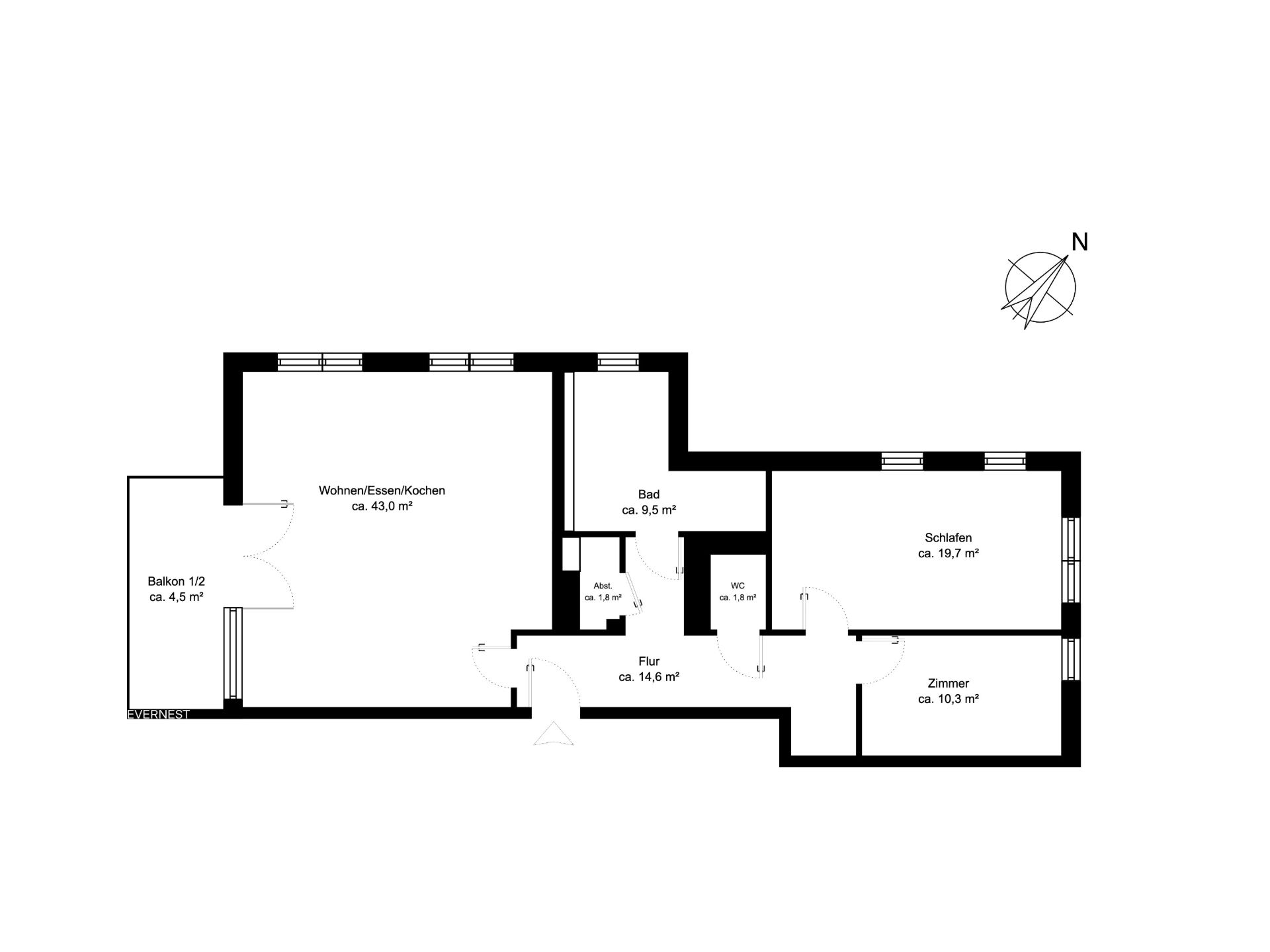 Grundriss einer Wohnung mit Balkon, Wohnbereich, Bad, WC, Flur, Schlafzimmer und weiterem Zimmer.