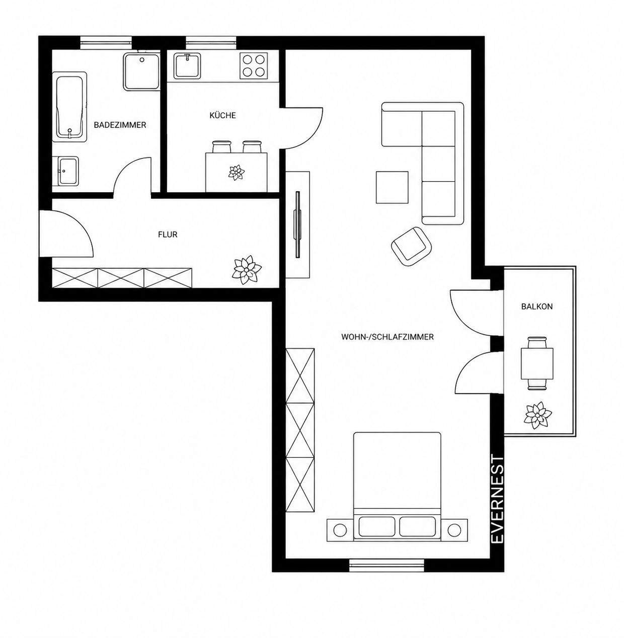 Grundriss einer Wohnung mit Wohn-/Schlafzimmer, Küche, Bad, Flur und Balkon.