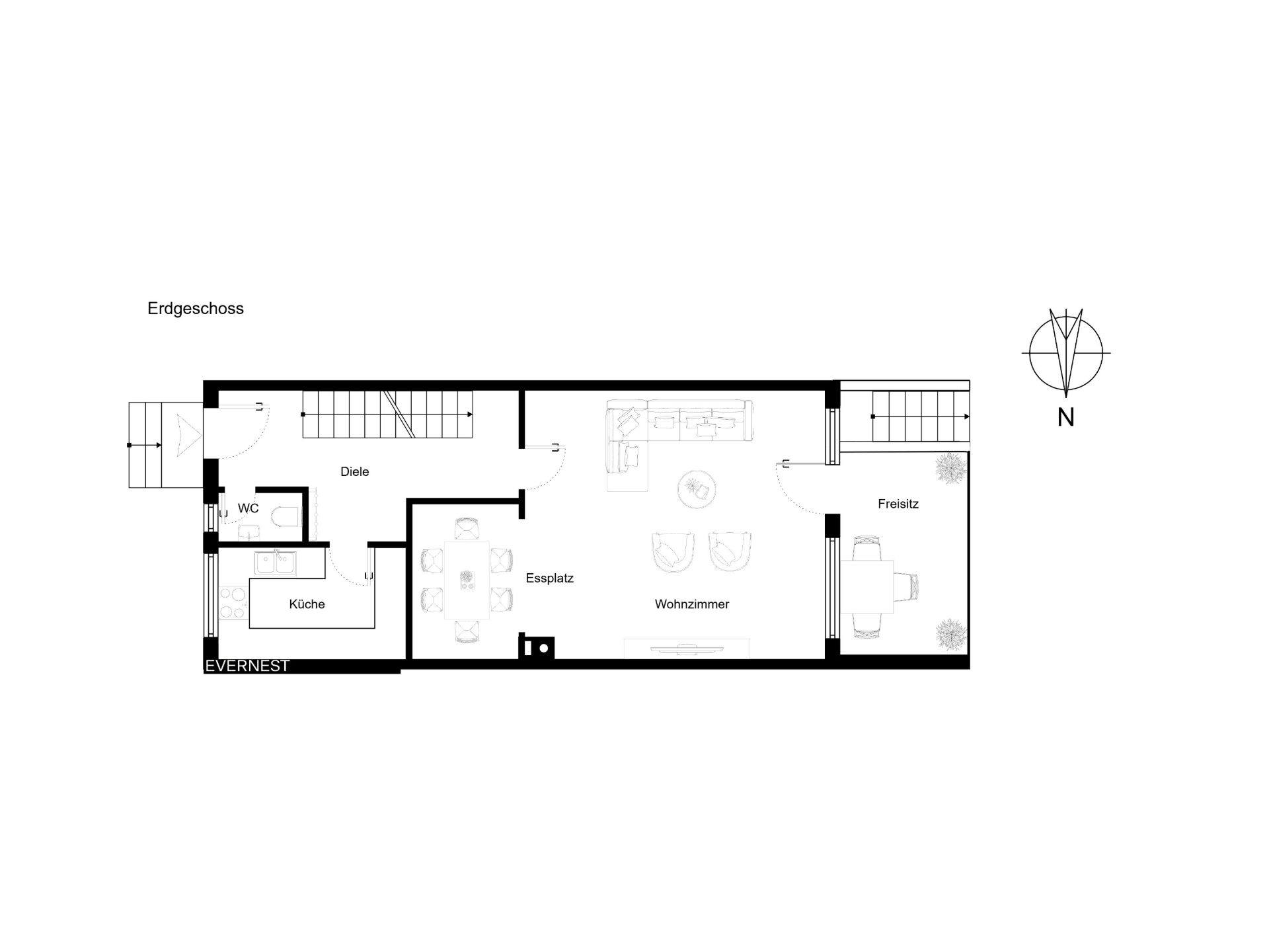 Grundriss des Erdgeschosses mit Küche, WC, Essplatz, Wohnzimmer und Freisitz.