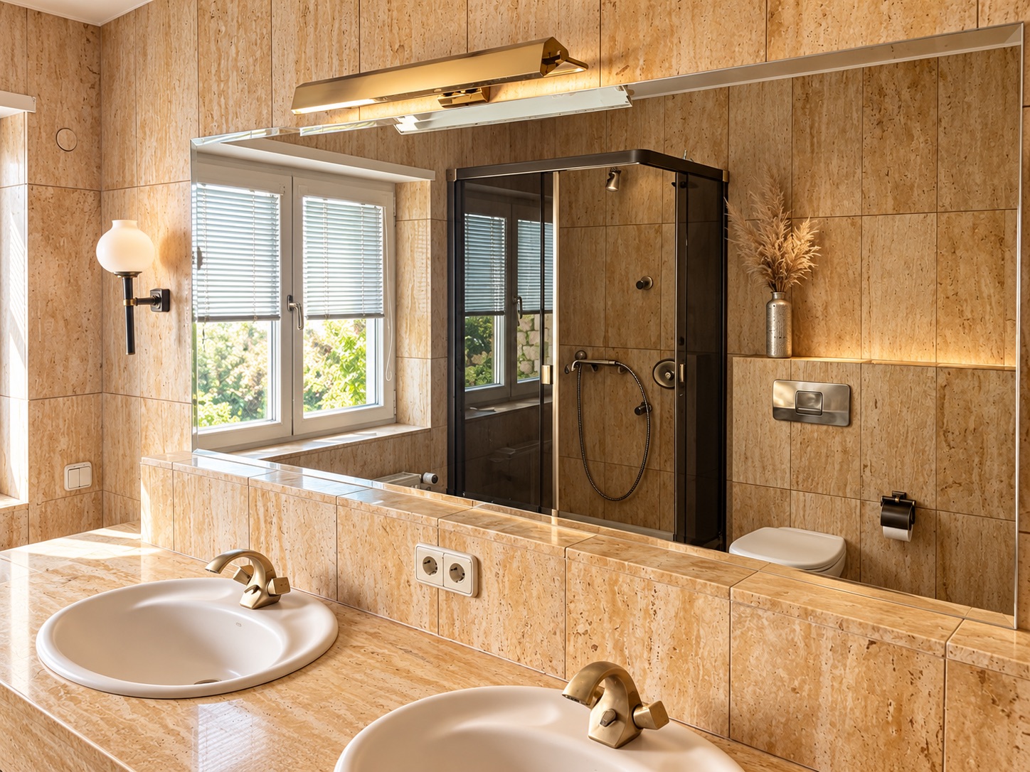 Modernes Badezimmer mit zwei Waschbecken, großer Spiegel, Dusche und Fenster.