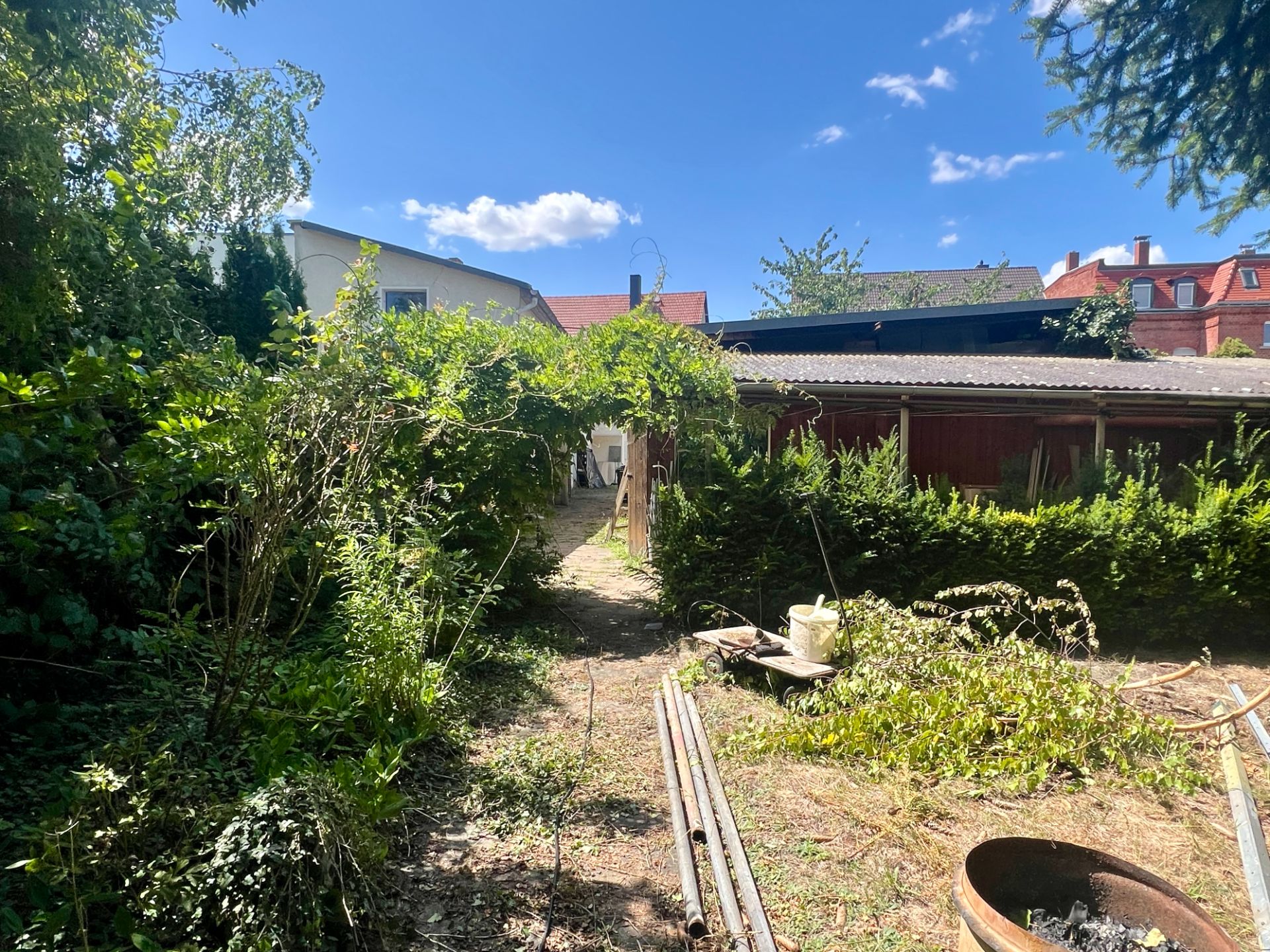 Garten mit Sträuchern, schmalem Weg und Geräteschuppen bei sonnigem Wetter.