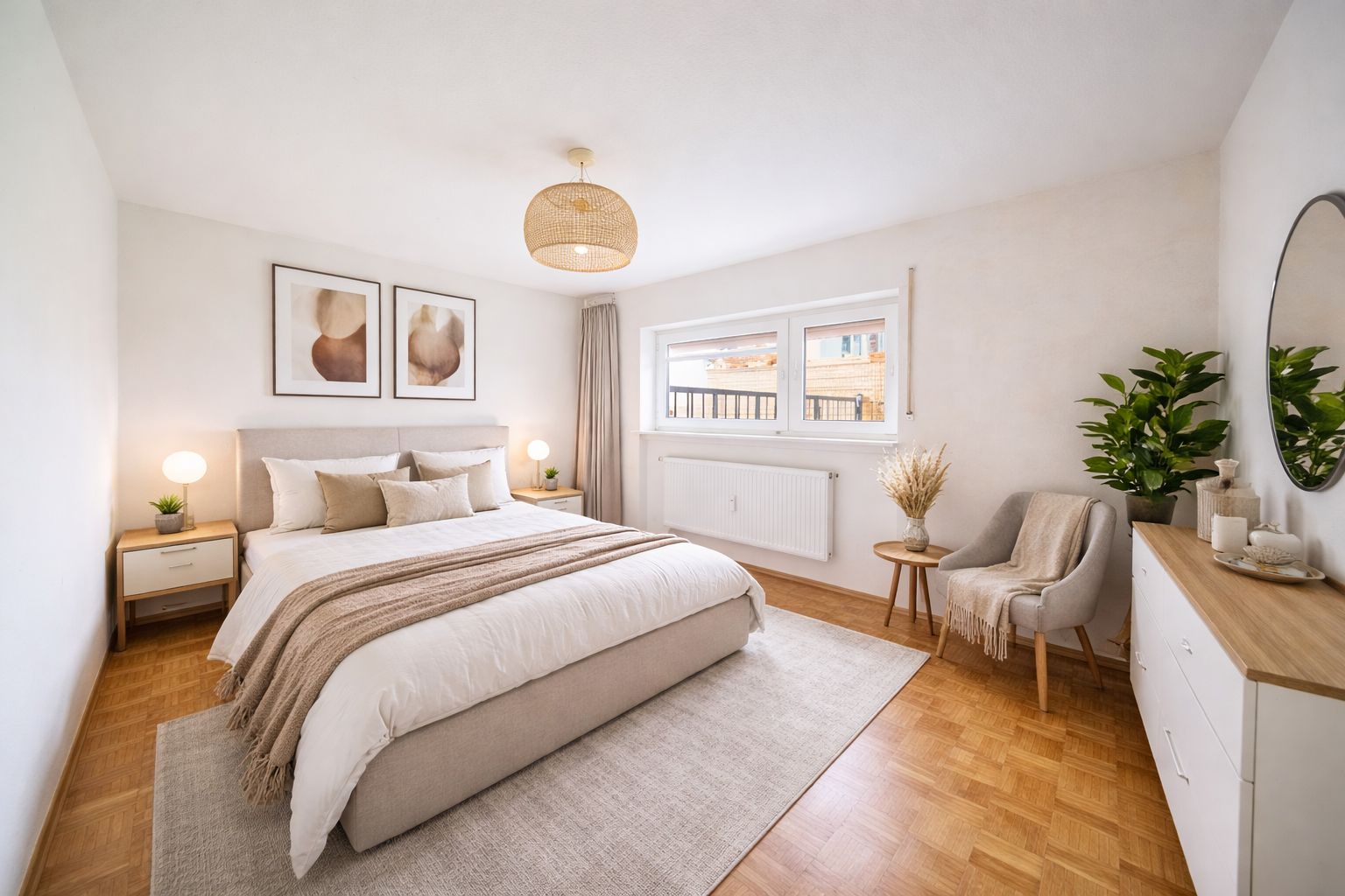 Helles Schlafzimmer mit Doppelbett, Nachttischen, Kommode, Stuhl und Fenstern.