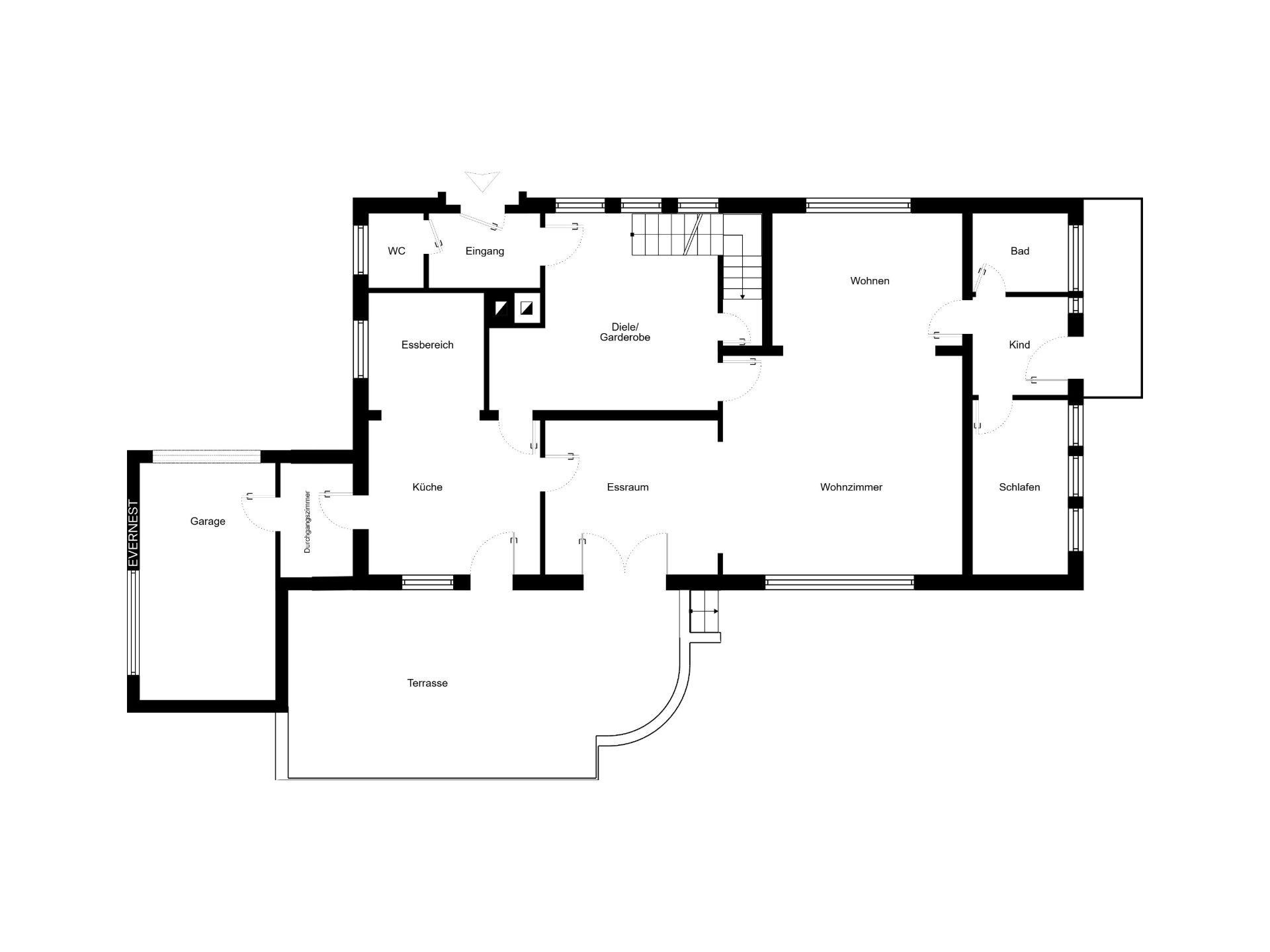 Grundriss eines Hauses mit Garage, Terrasse, mehreren Zimmern und Eingangsbereich.