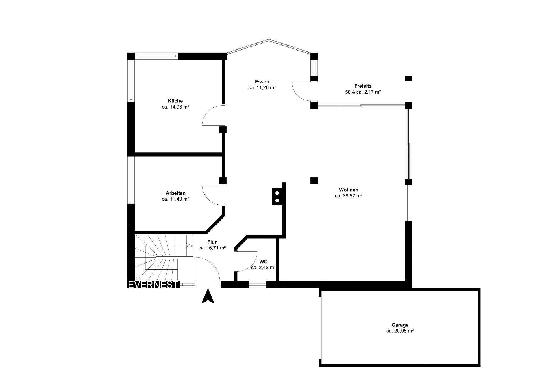 Grundriss mit Küche, Arbeitszimmer, Wohnzimmer, Essbereich, WC, Flur und Garage.