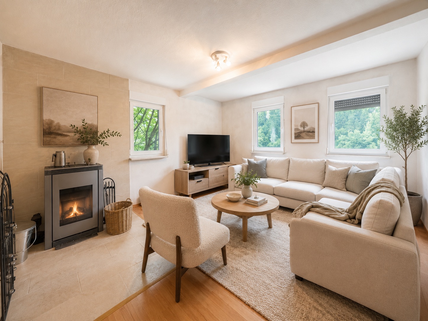 Helles Wohnzimmer mit Ecksofa, Sessel, Couchtisch, Kamin und Fernseher, große Fenster mit Blick ins Grüne.