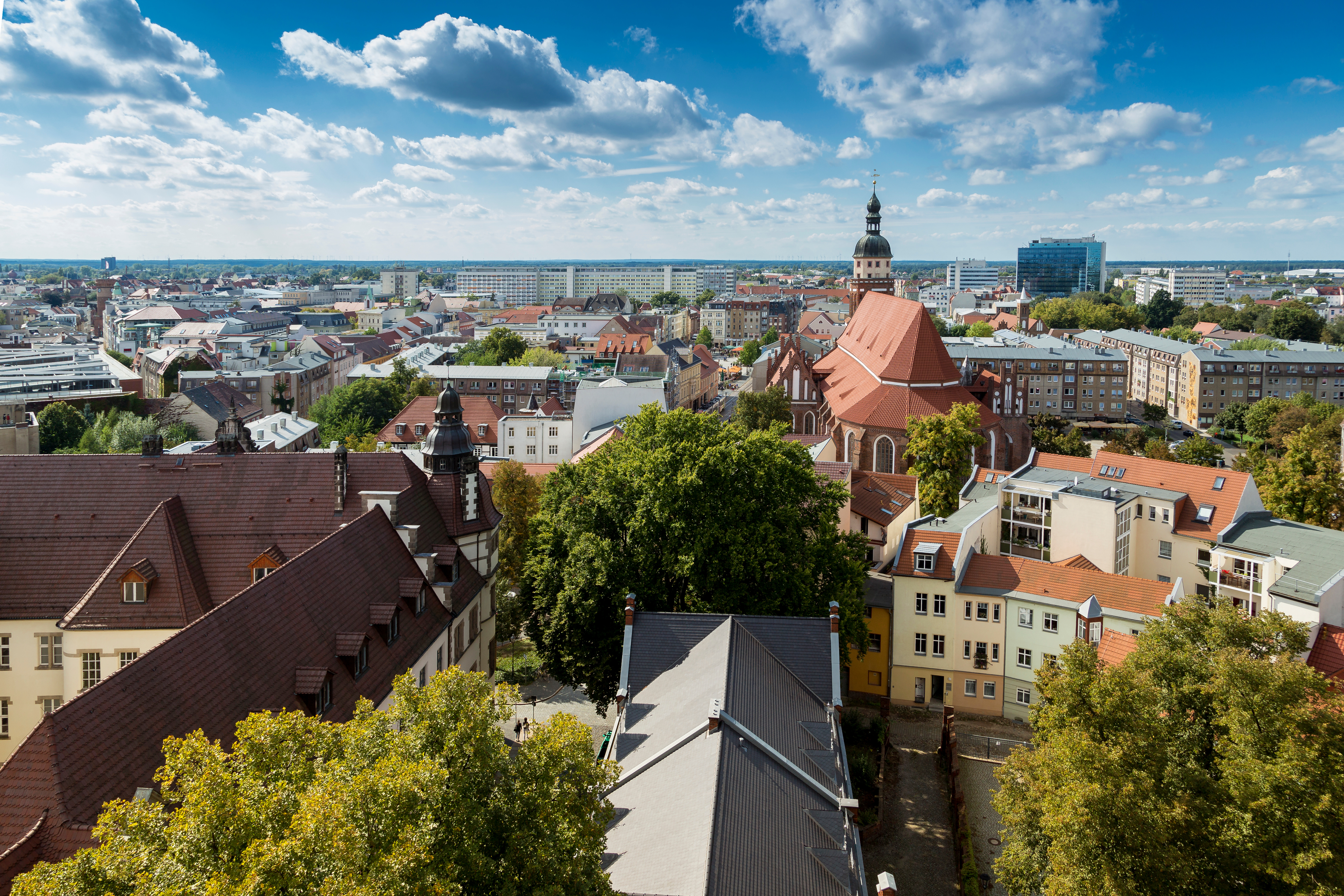 Blick über Dächer und einen Platz mit vielen Bäumen in einem Wohngebiet, im Hintergrund eine Kirche.