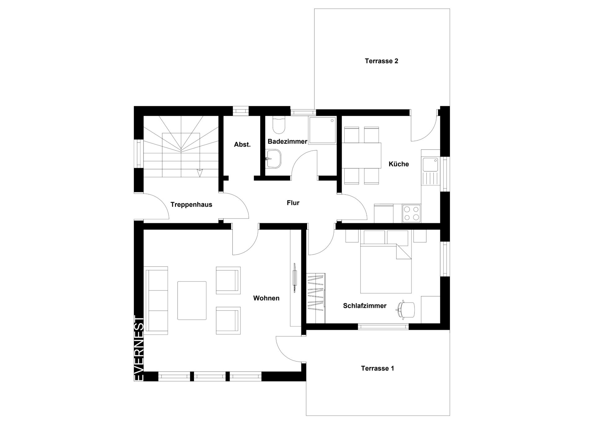 Grundriss einer Wohnung mit Wohnzimmer, Schlafzimmer, Küche, Bad und zwei Terrassen.