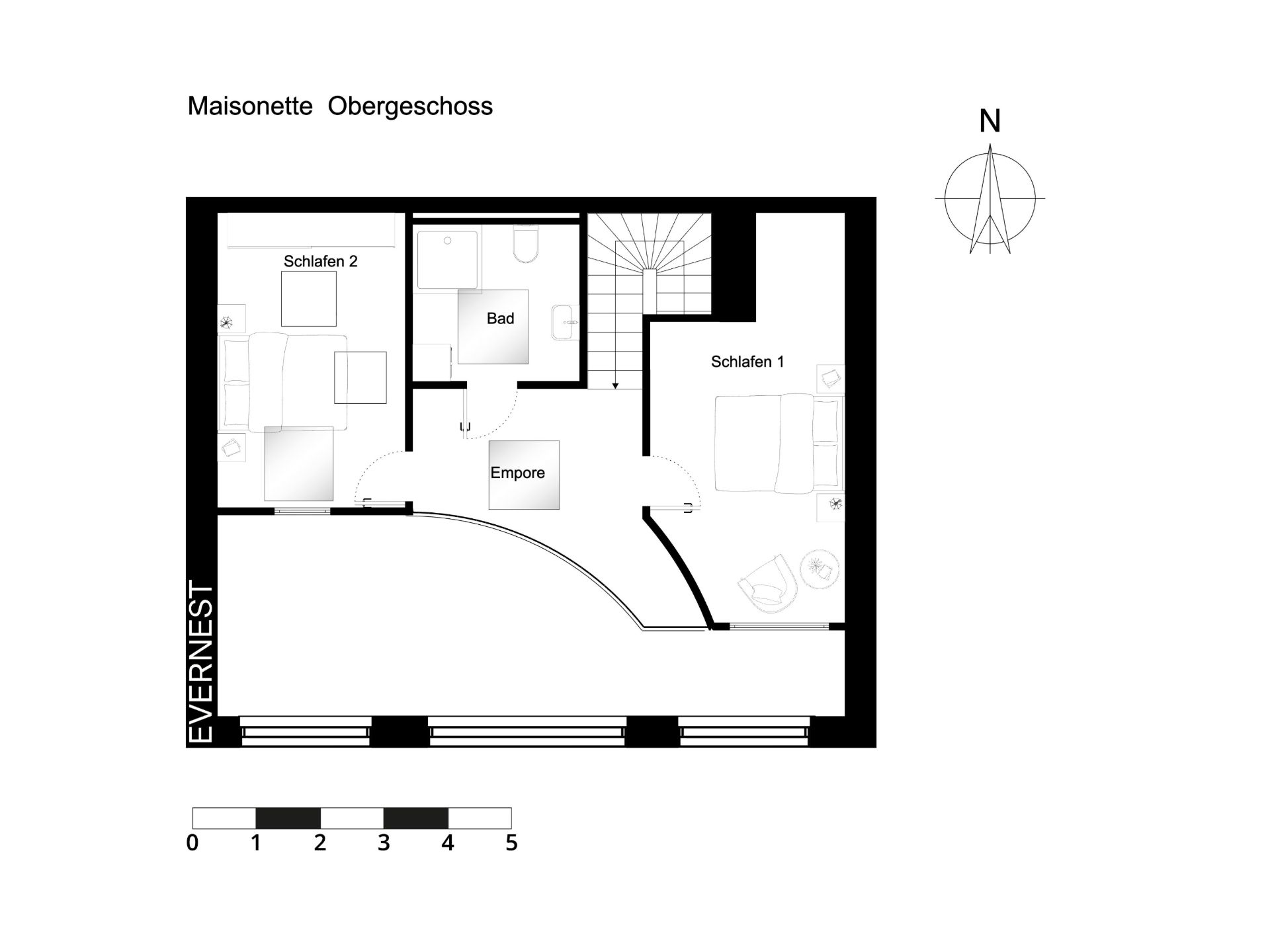 Grundriss eines Obergeschosses mit zwei Schlafzimmern, Bad, Empore und Treppe.