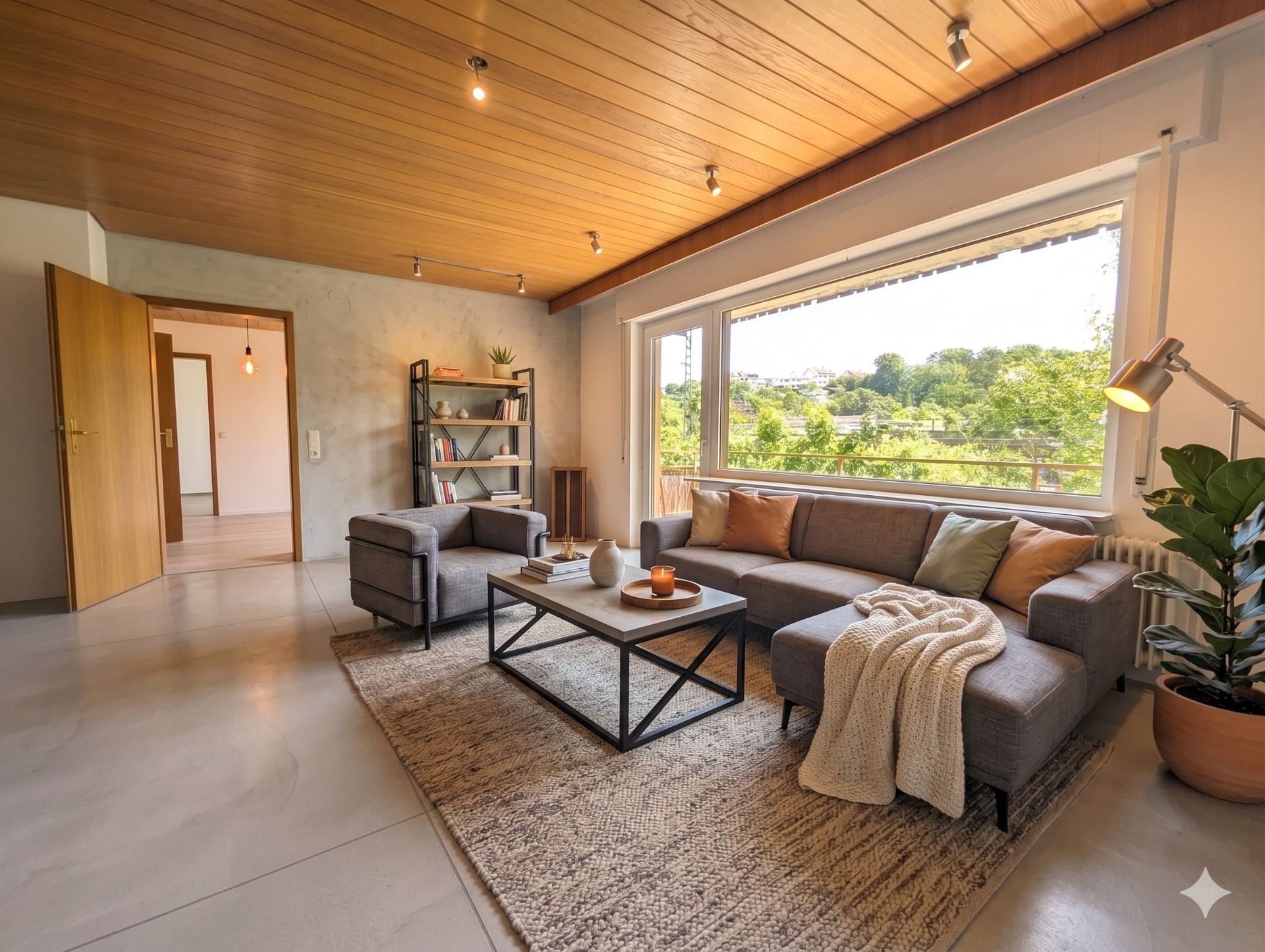 Helles Wohnzimmer mit grauem Sofa, Teppich, Couchtisch und großem Fenster mit Ausblick ins Grüne.
